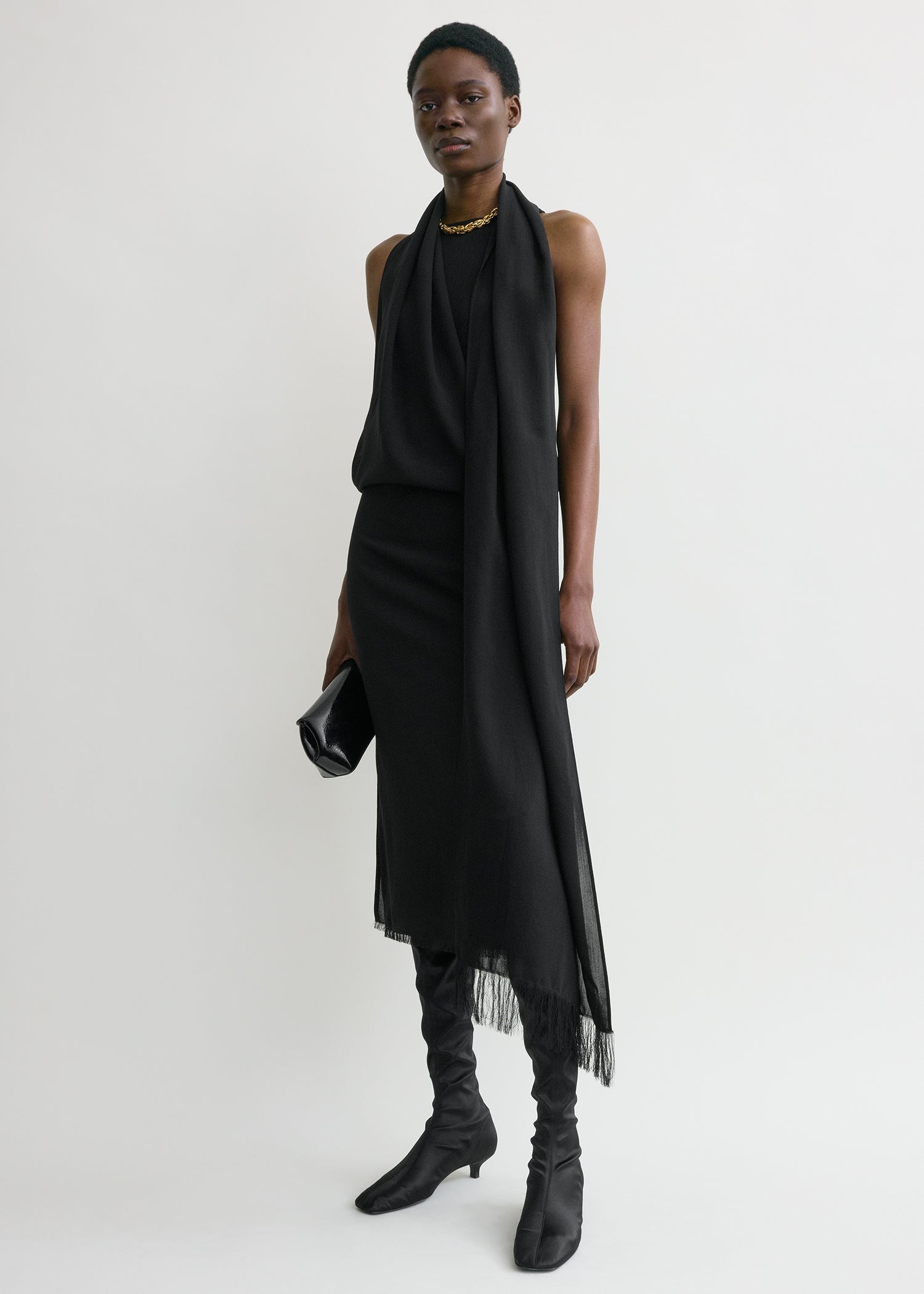 black dress with neck scarf Fringed scarf dress black – TOTEME