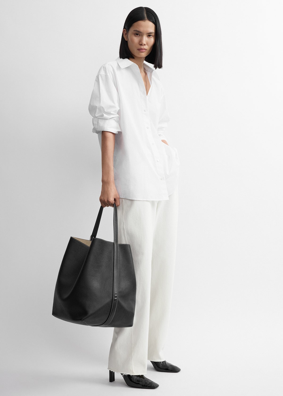 Belted grained-leather tote black