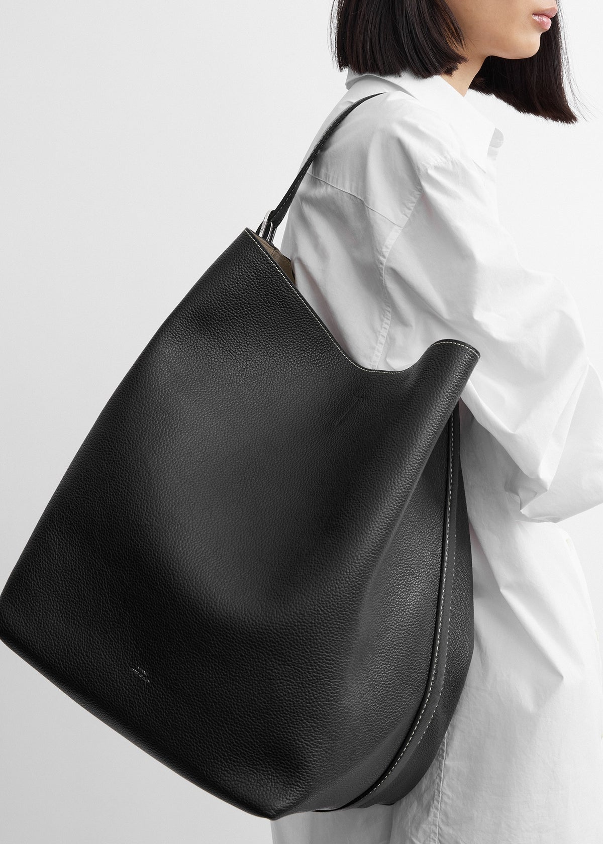 Belted grained-leather tote black