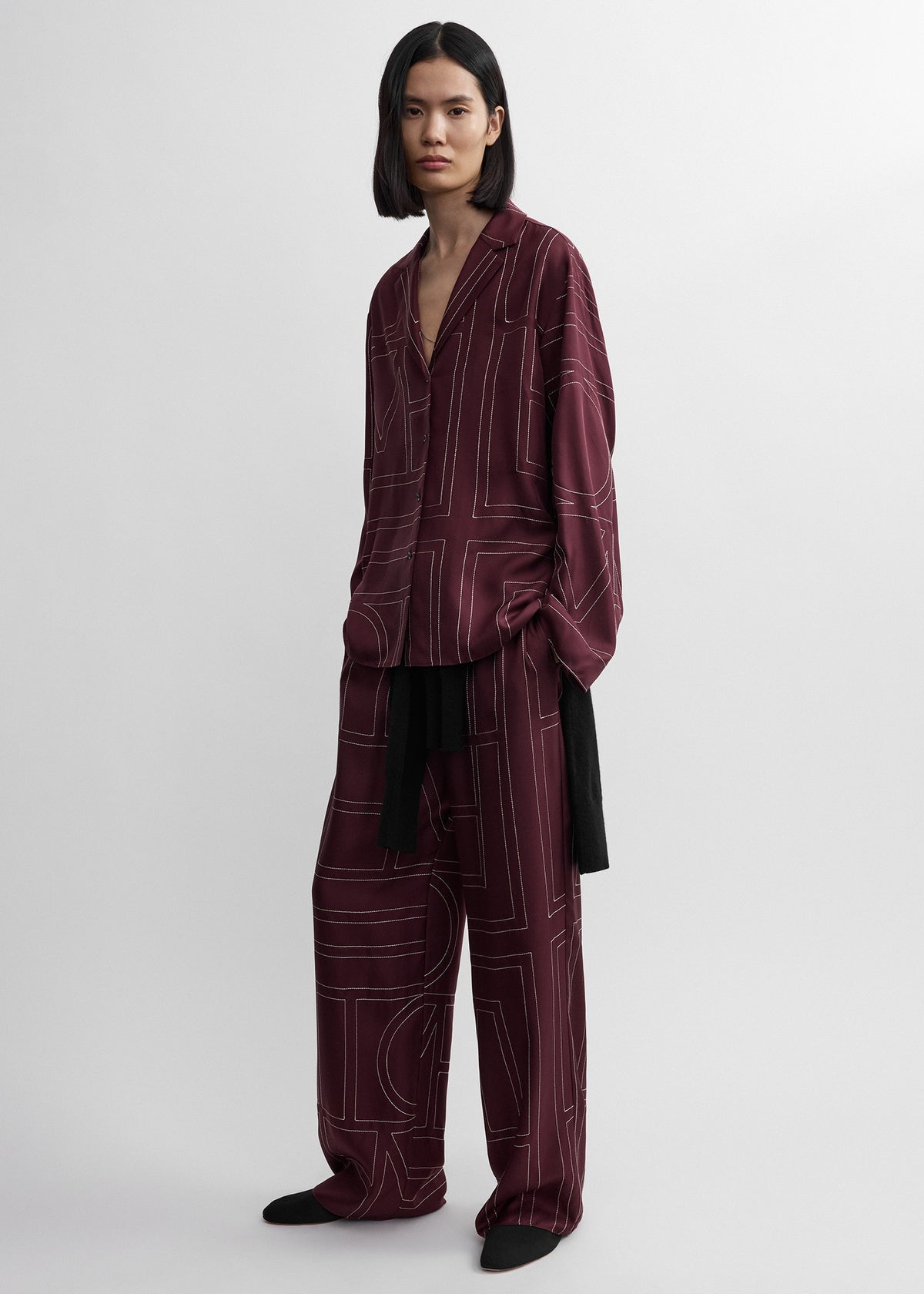 Monogram silk pj top burgundy