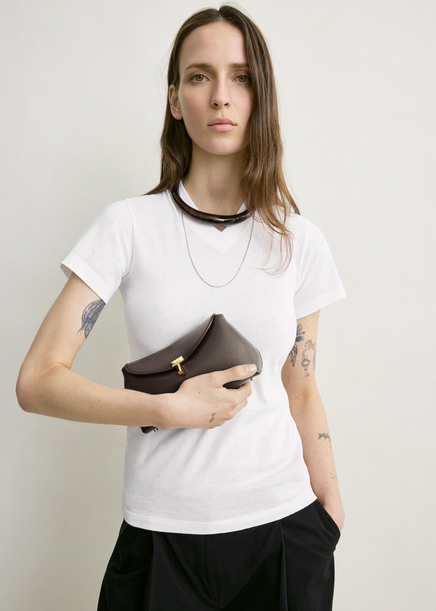 Mini T-lock leather clutch bark
