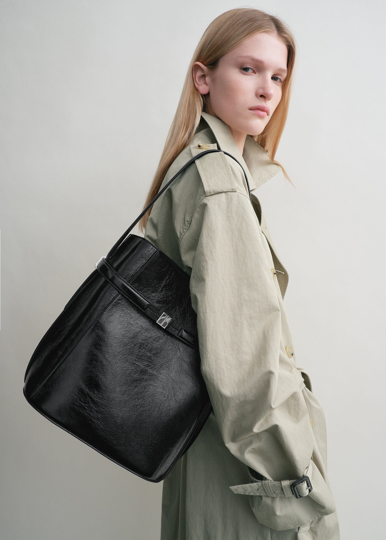 bucket style leather backpack Belted Naplack bucket bag black