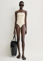 Stripe edge strapless swimsuit light hay