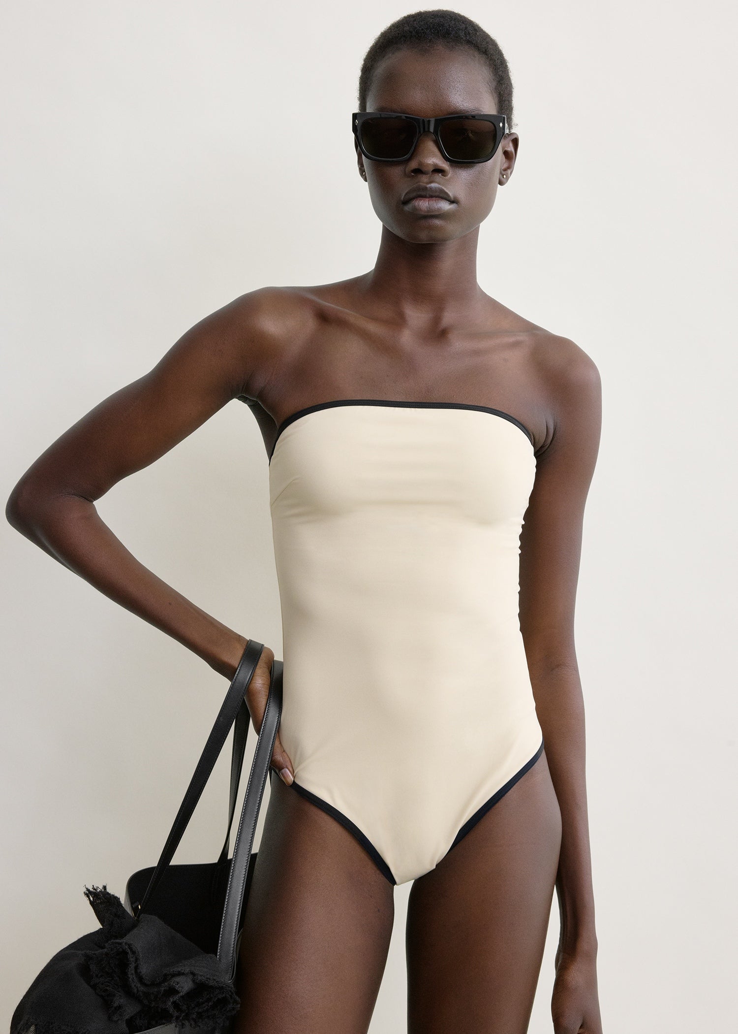 Stripe edge strapless swimsuit light hay