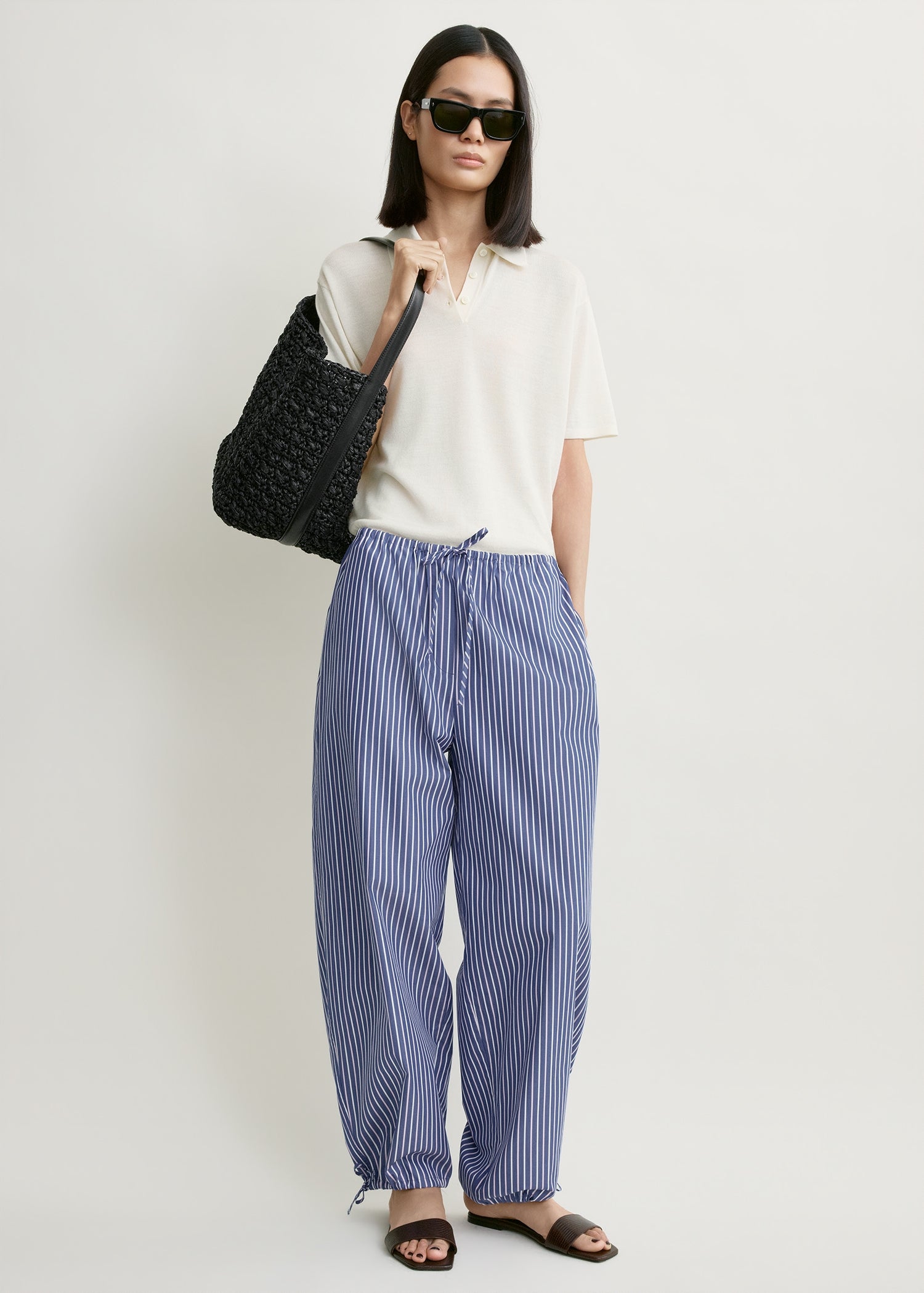 Striped drawstring cotton trousers ink blue/pink stripe