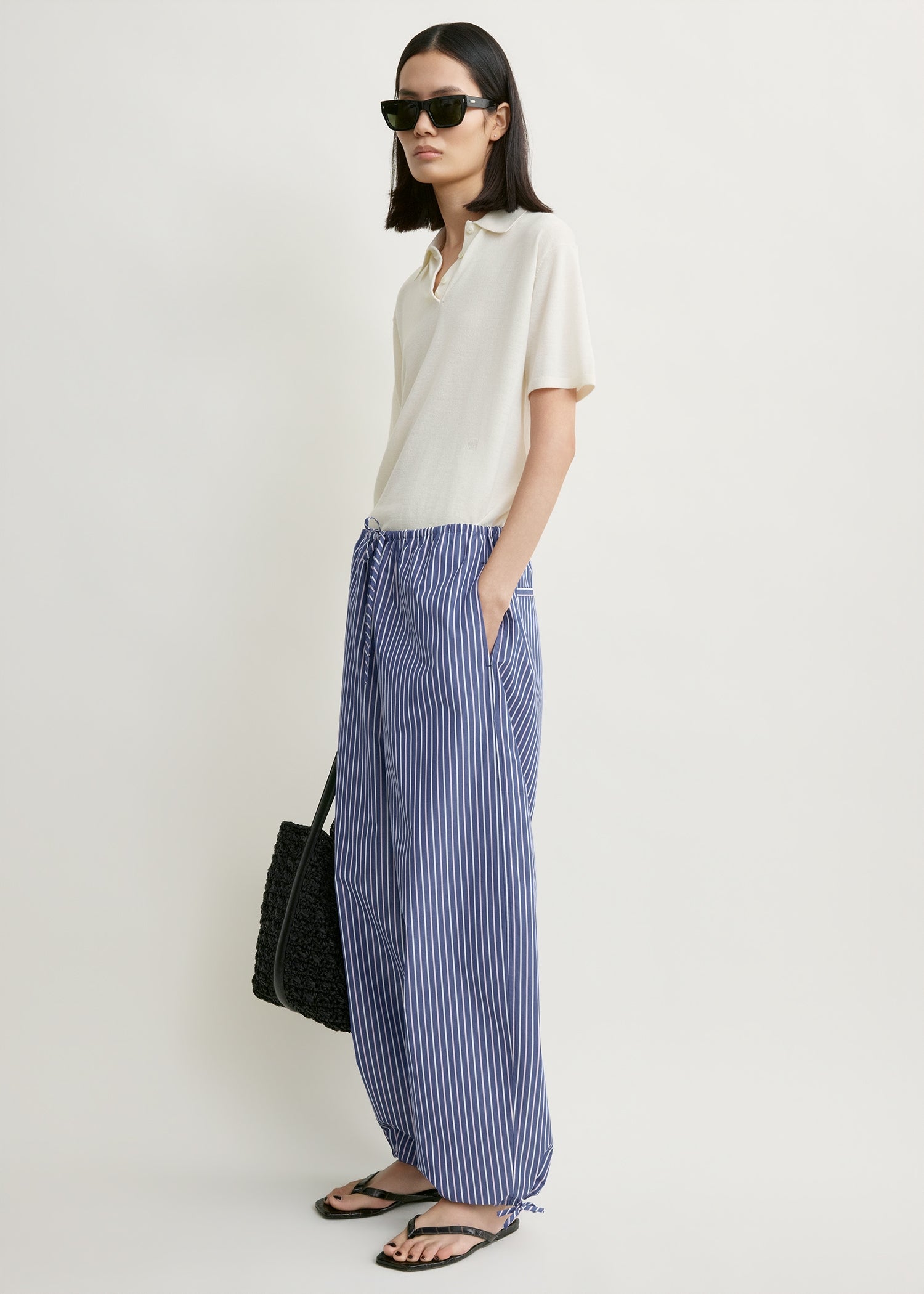 Striped drawstring cotton trousers ink blue/pink stripe
