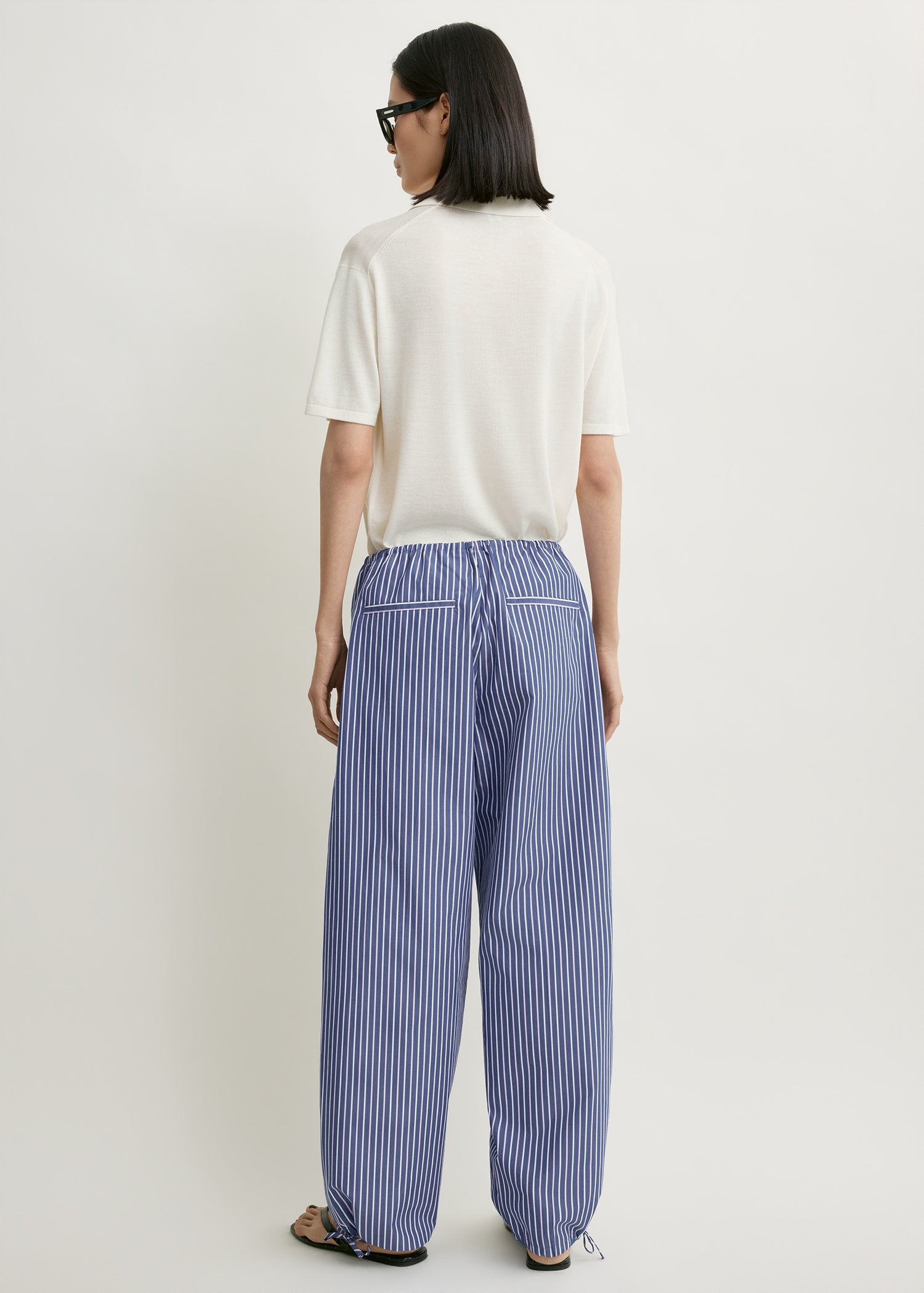 Striped drawstring cotton trousers ink blue/pink stripe