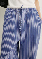 Striped drawstring cotton trousers ink blue/pink stripe