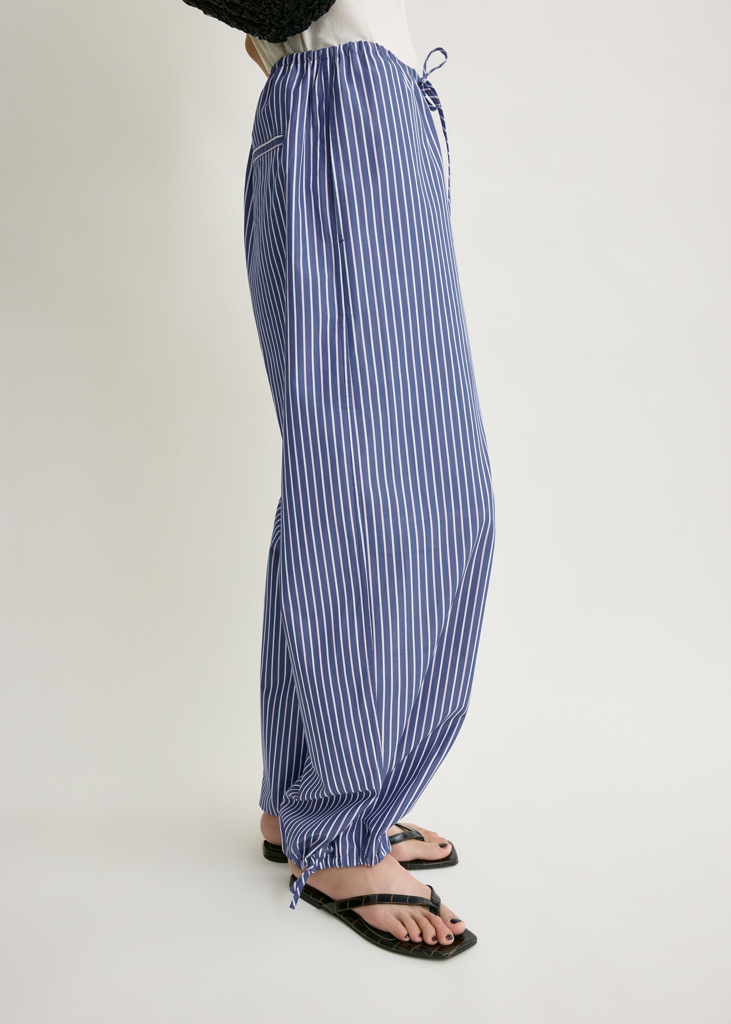 Striped drawstring cotton trousers ink blue/pink stripe