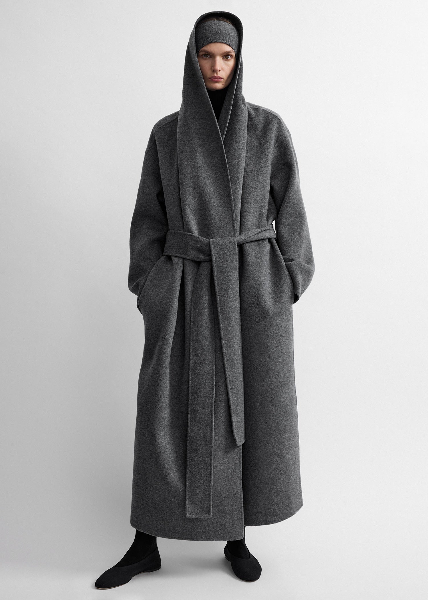 Hoodie belted coat grey melange