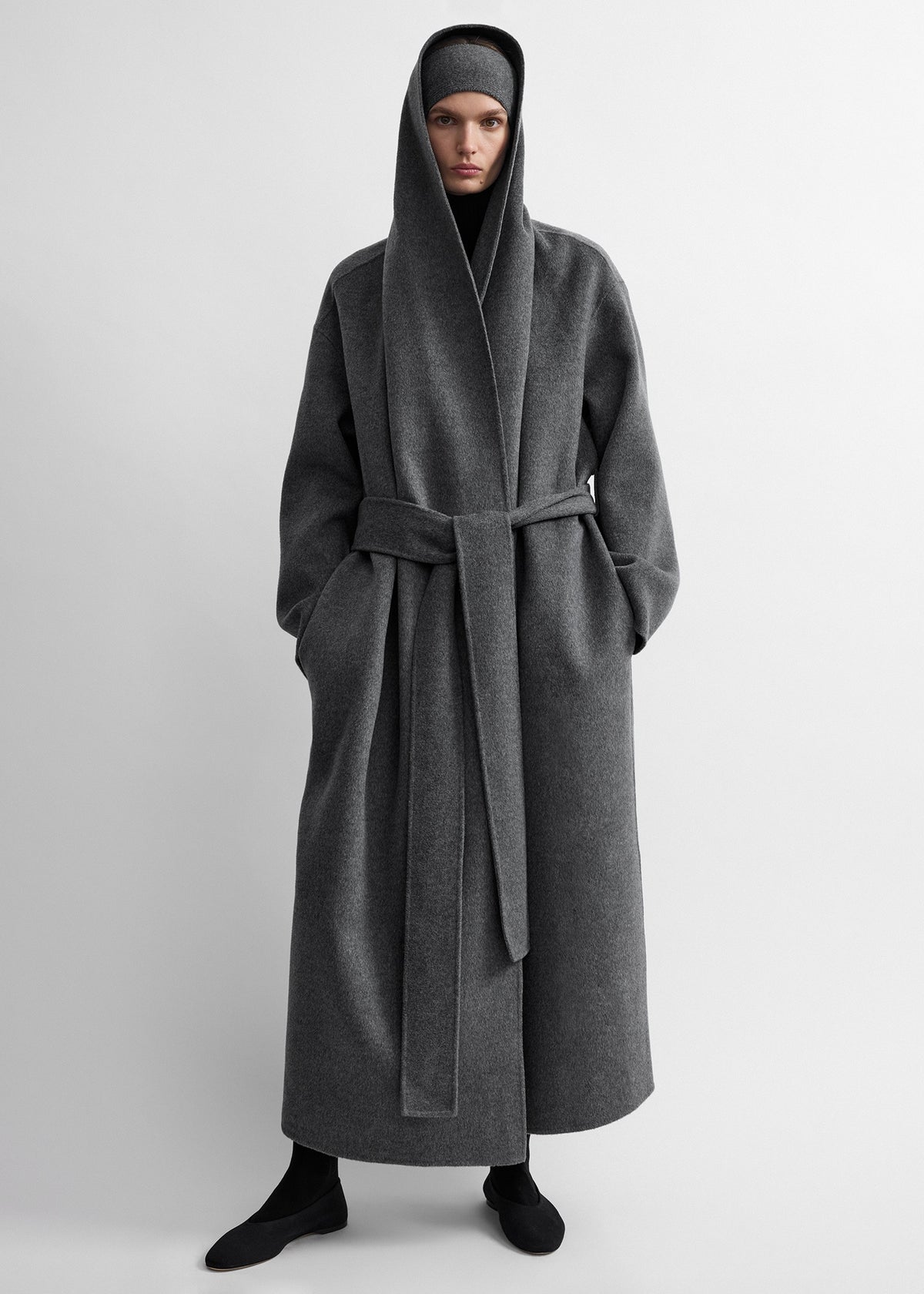Hoodie belted coat grey melange