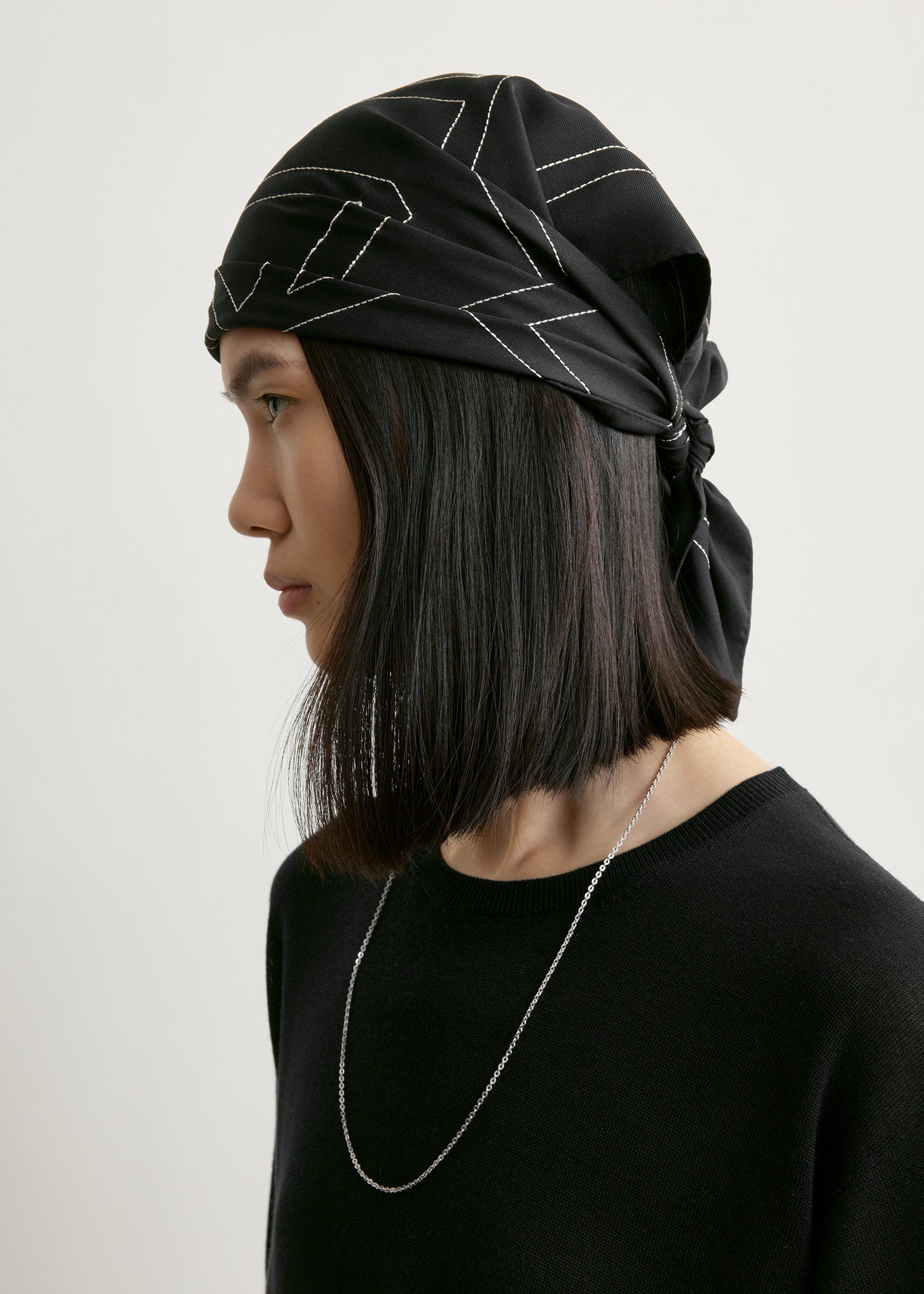 Embroidered monogram silk scarf black