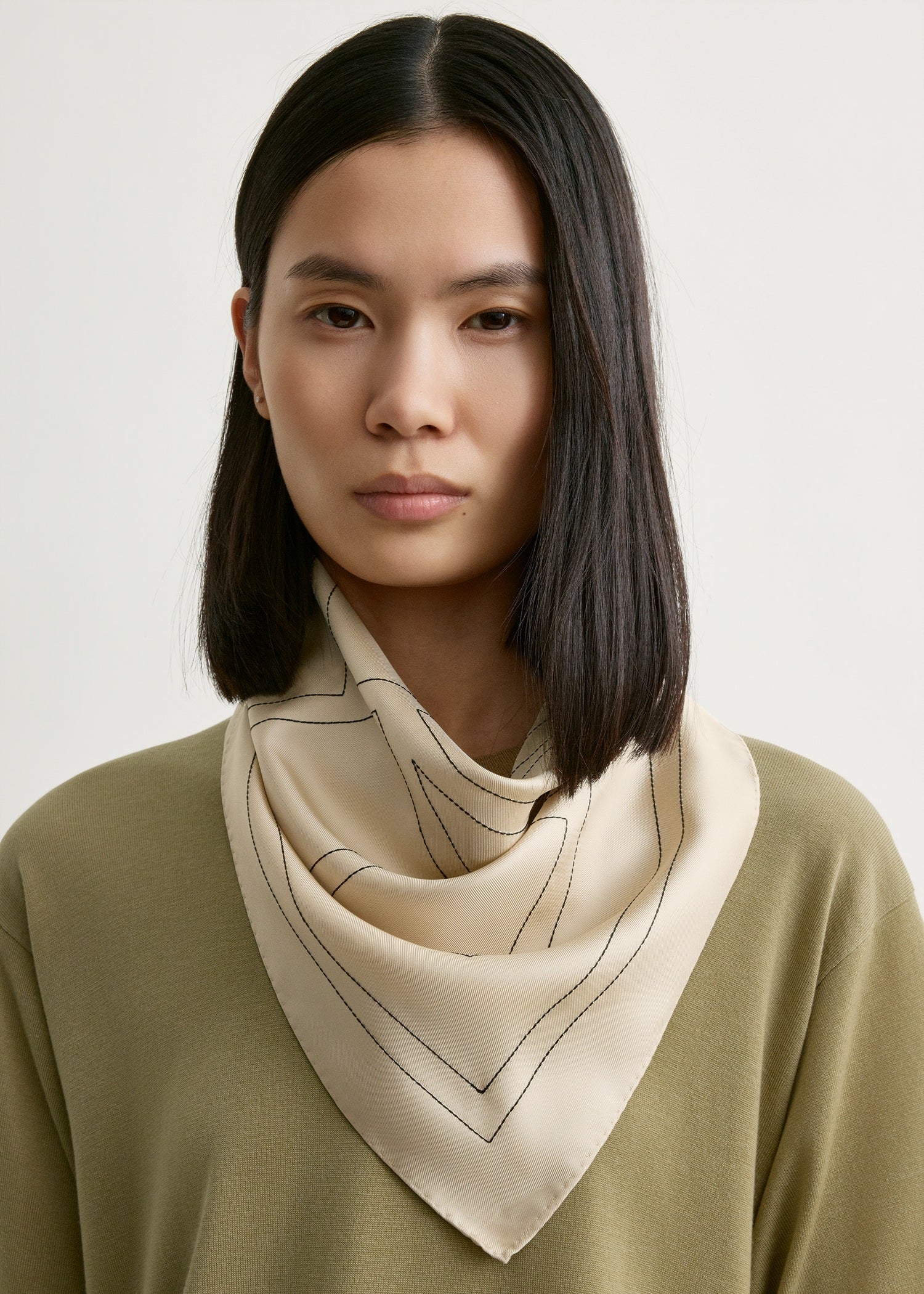 Embroidered monogram silk scarf ivory