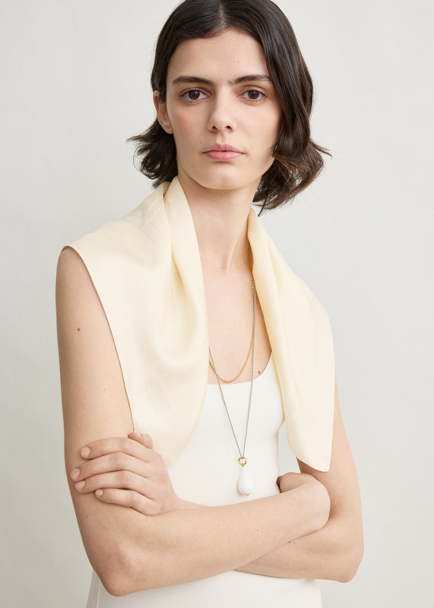Embroidered monogram silk scarf cream