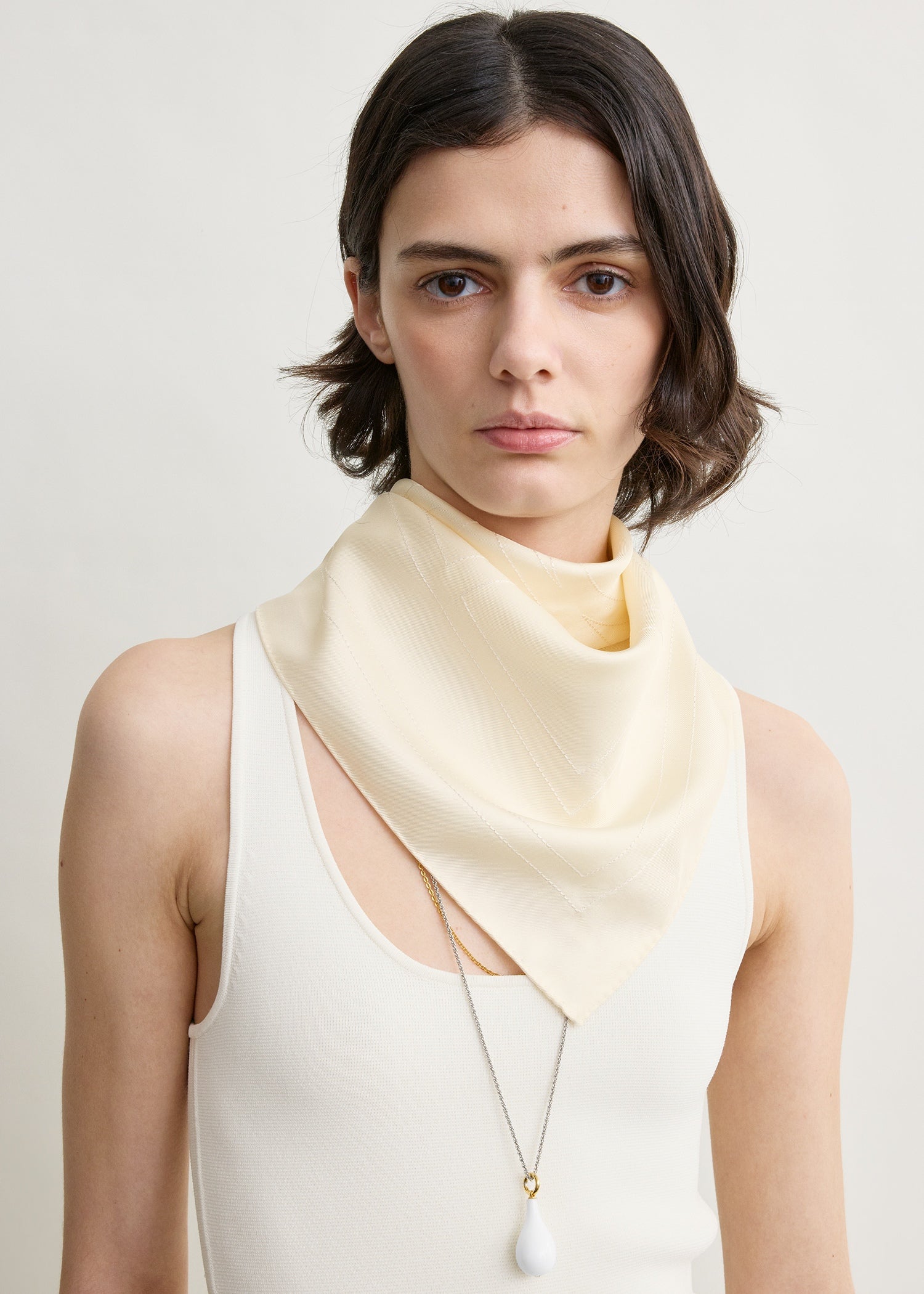 Embroidered monogram silk scarf cream