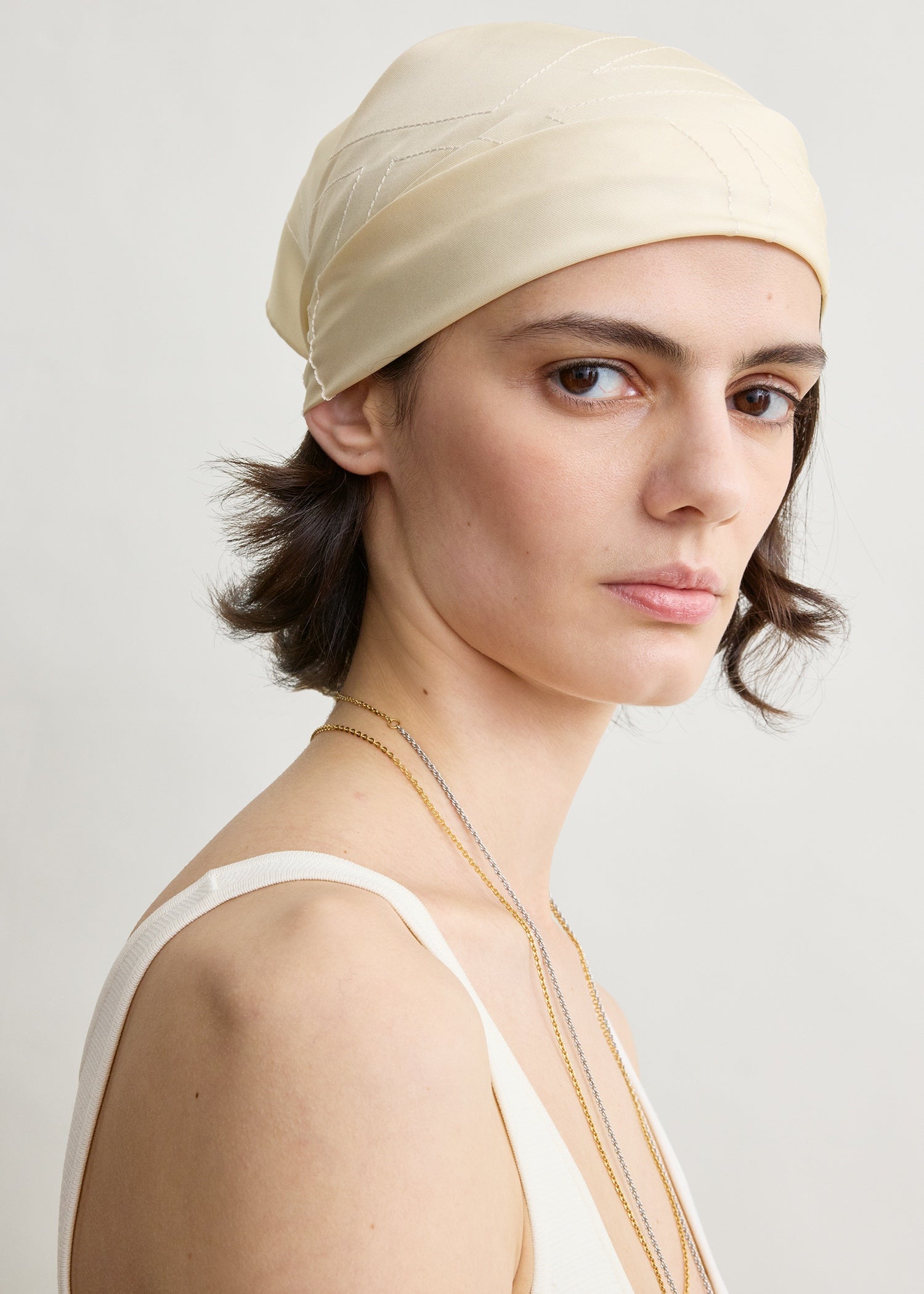 Embroidered monogram silk scarf cream