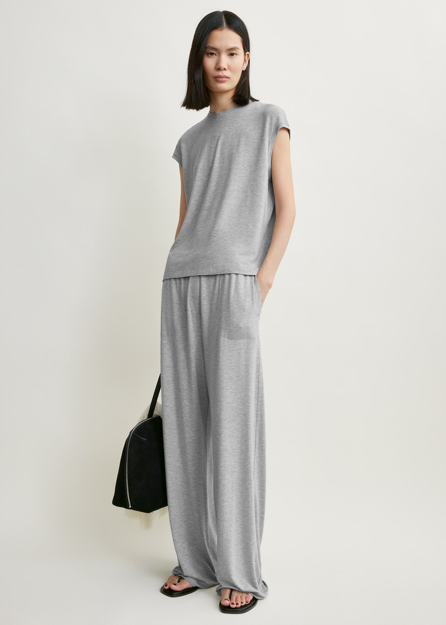 Short-sleeve jersey top pale grey mélange
