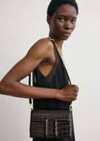 Mini T-flap croco-embossed bag dark brown