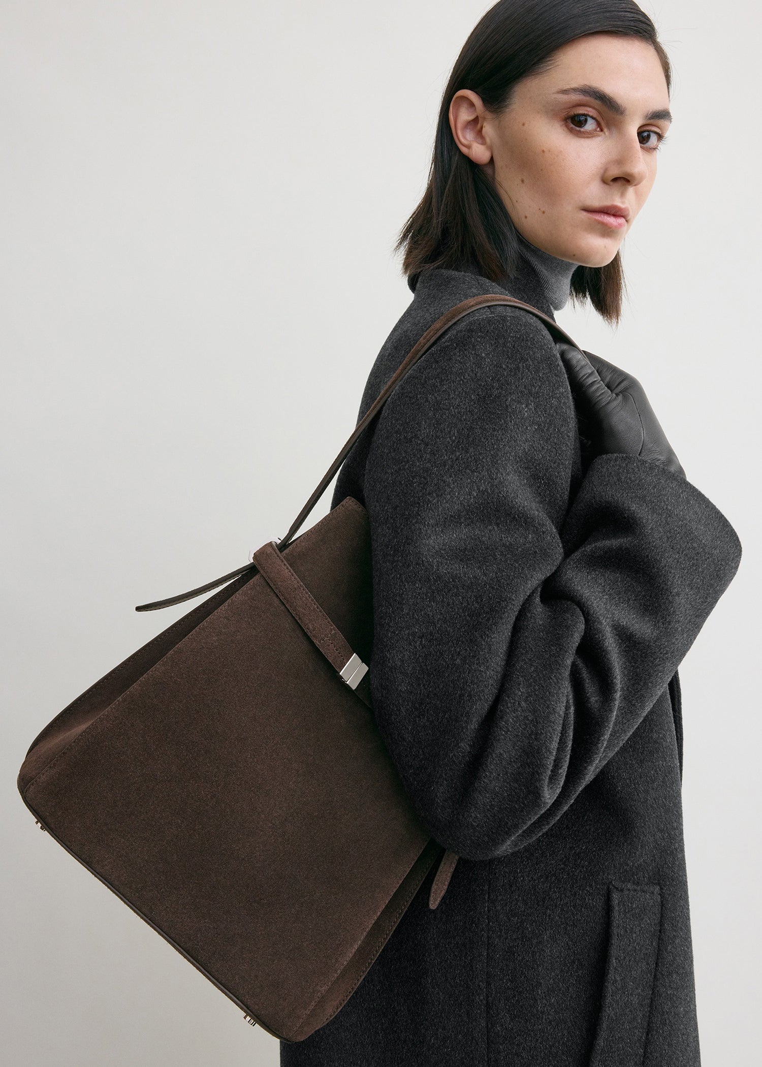 Belted suede bucket bag brown