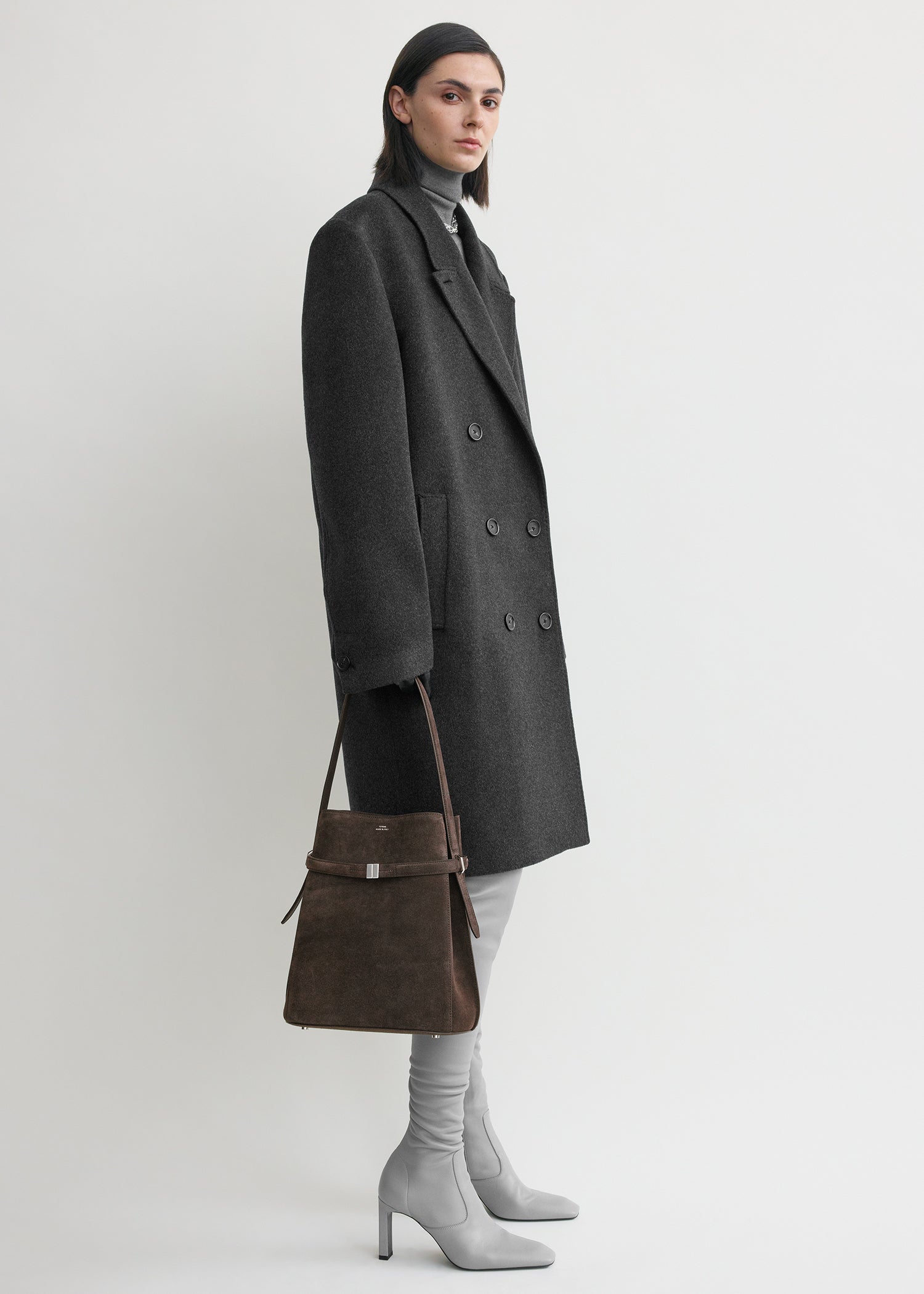 Belted suede bucket bag brown