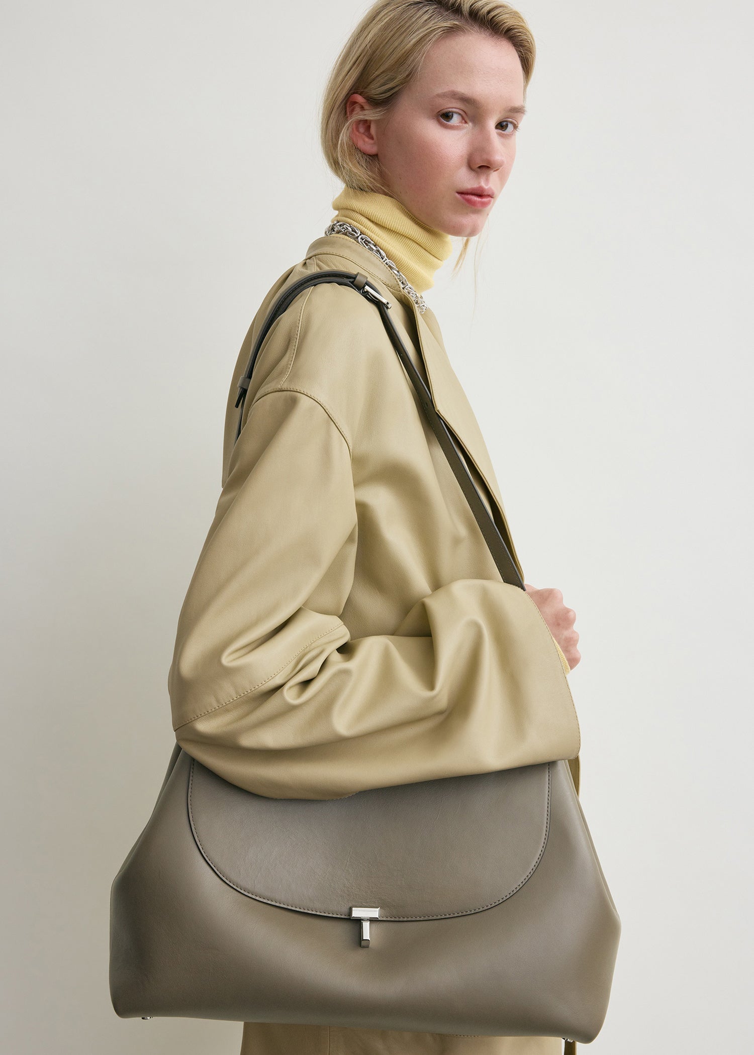 T-lock leather satchel taupe