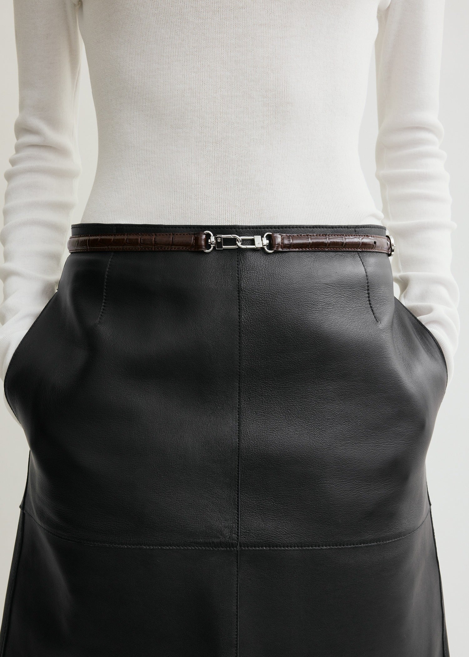 Double clasp leather belt dark brown croco