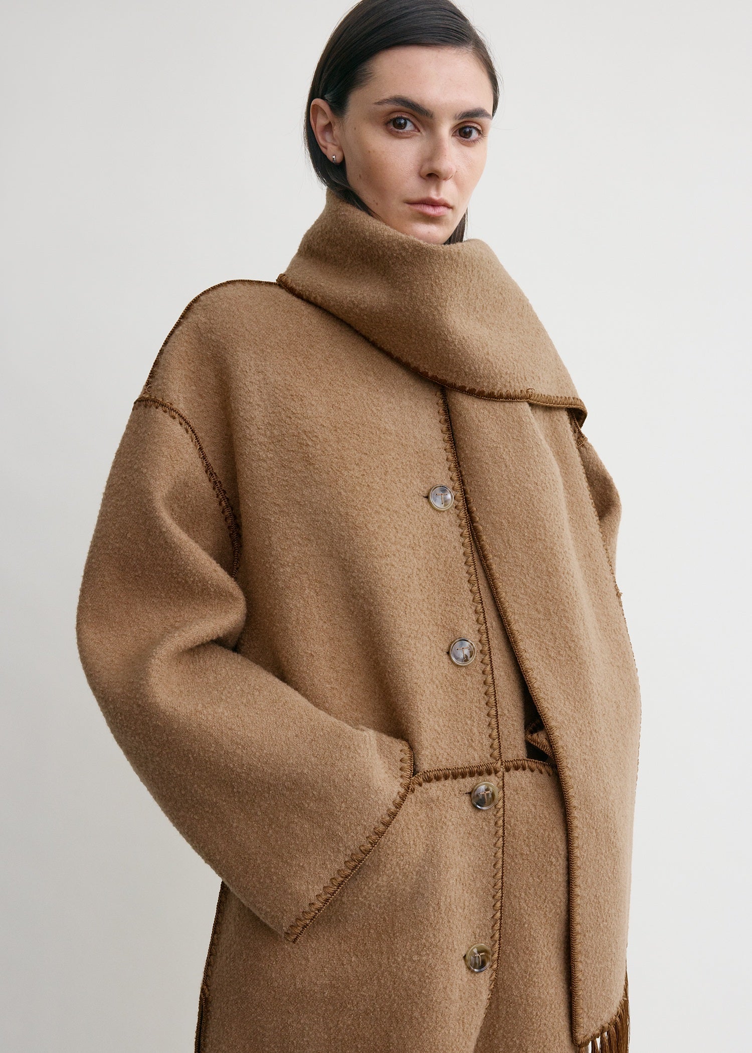 Embroidered scarf coat camel