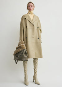 Collarless leather coat rye