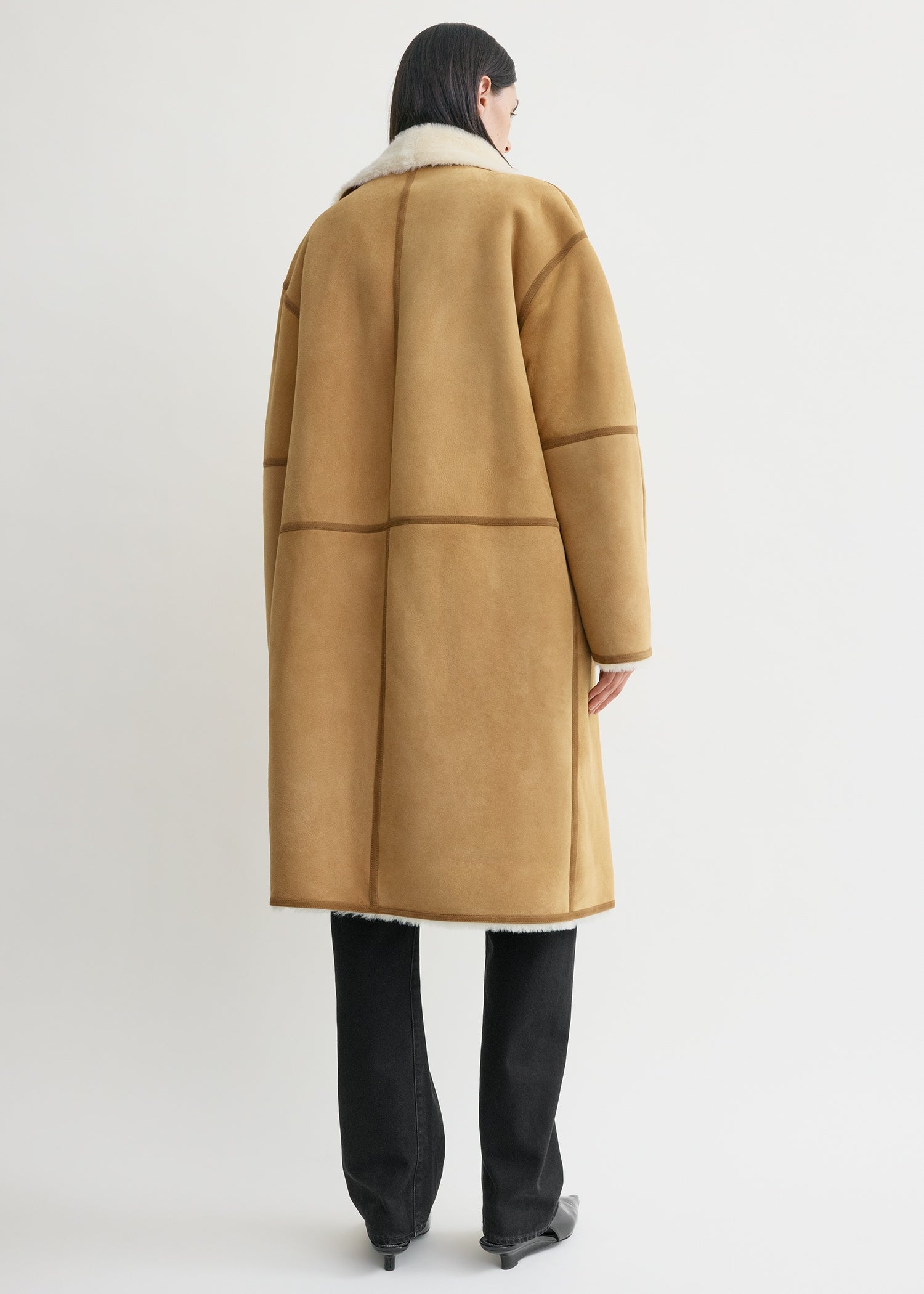 Draped shearling coat tan