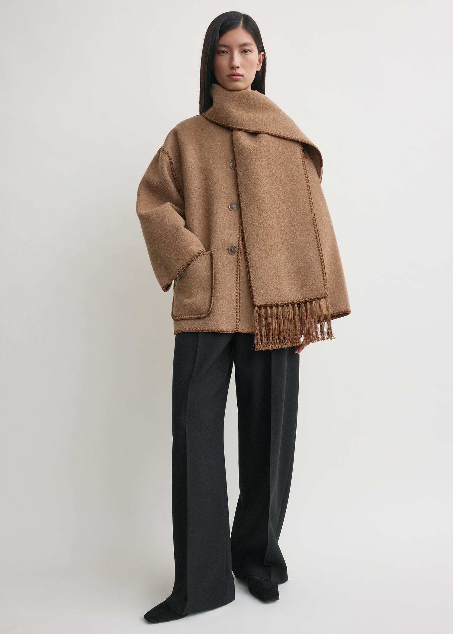 Embroidered scarf jacket camel