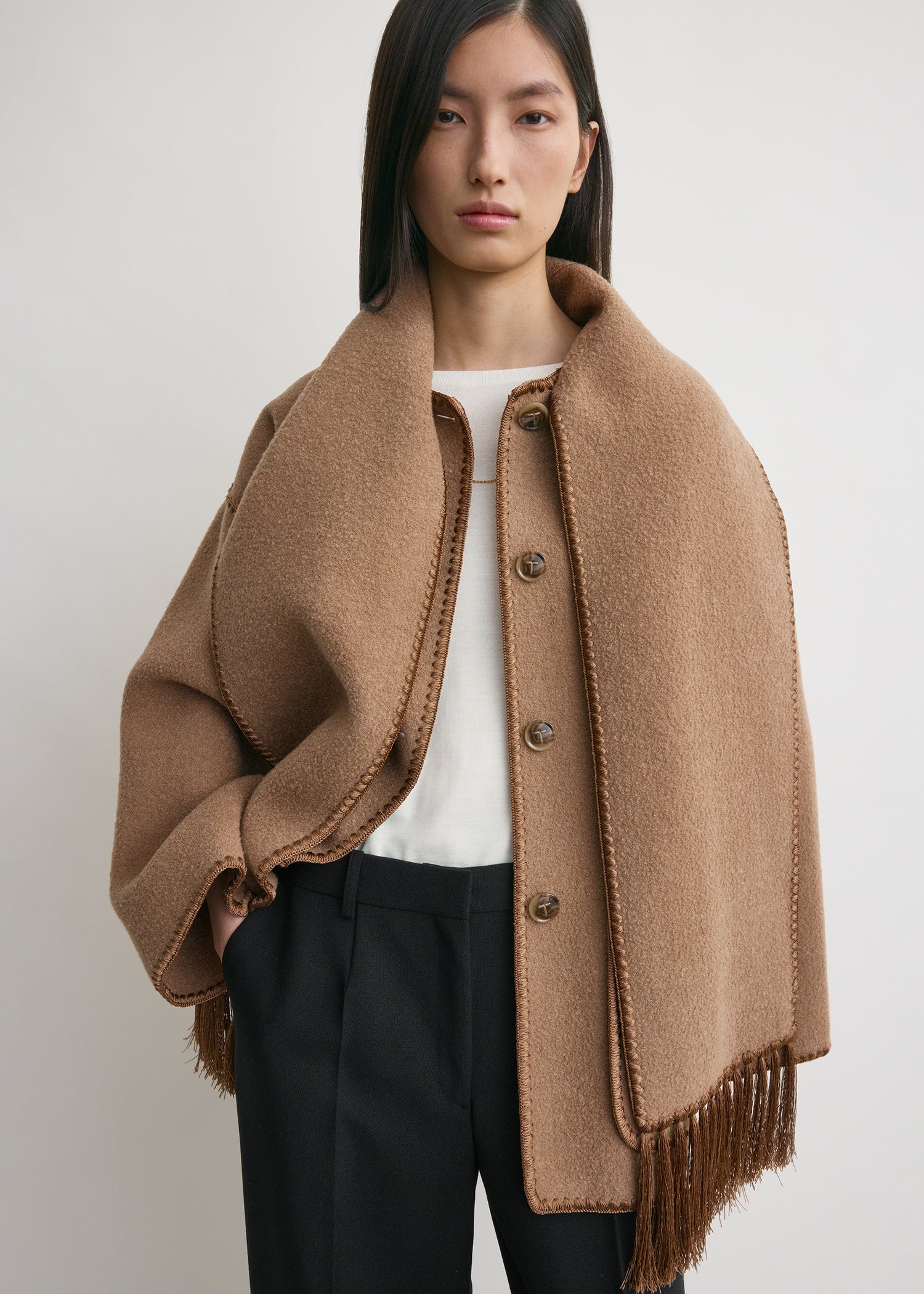 Embroidered scarf jacket camel