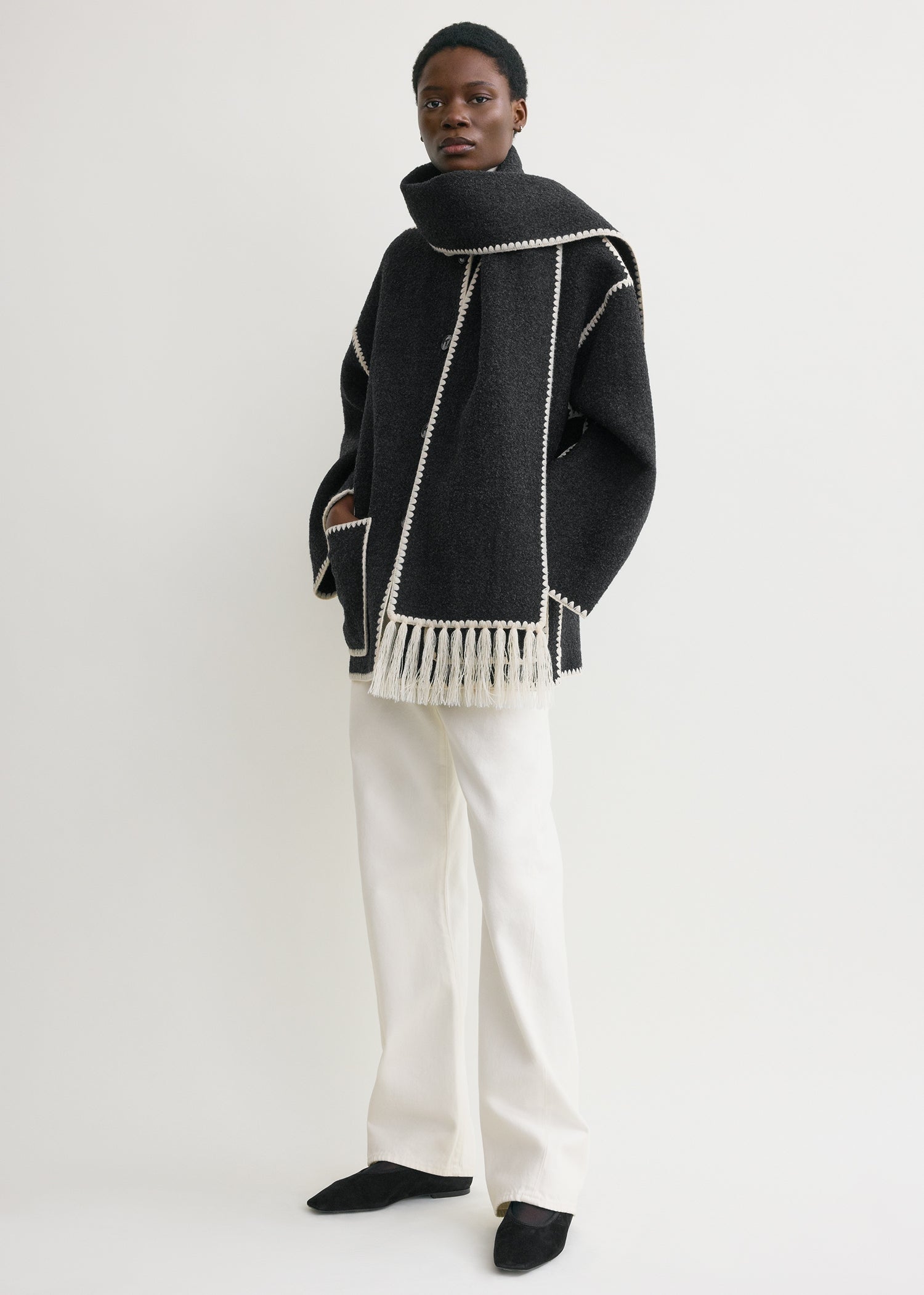 Embroidered scarf jacket dark grey mélange from Toteme - $1,190