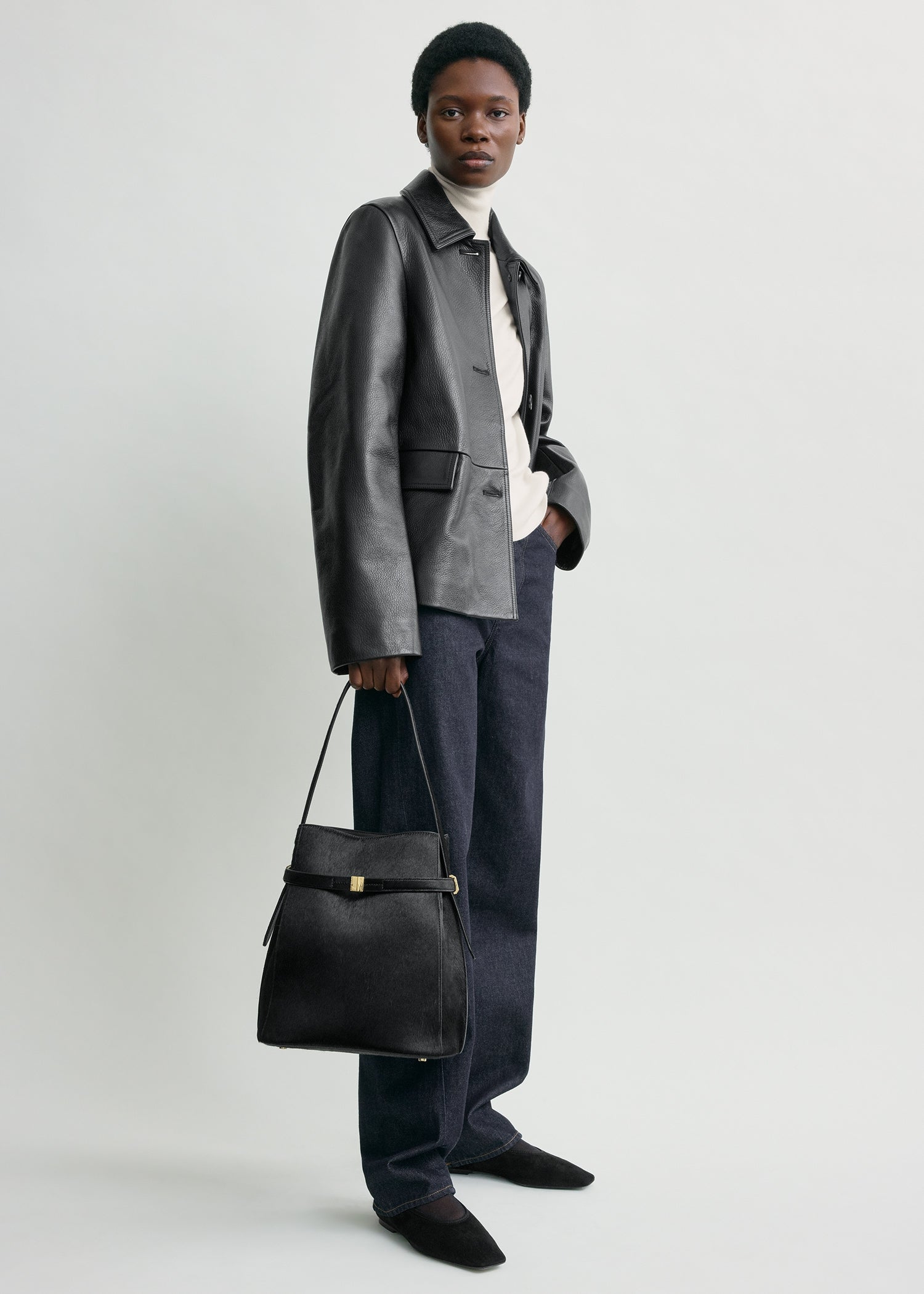 Belted pony hair bucket bag black