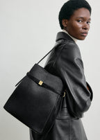 Belted pony hair bucket bag black