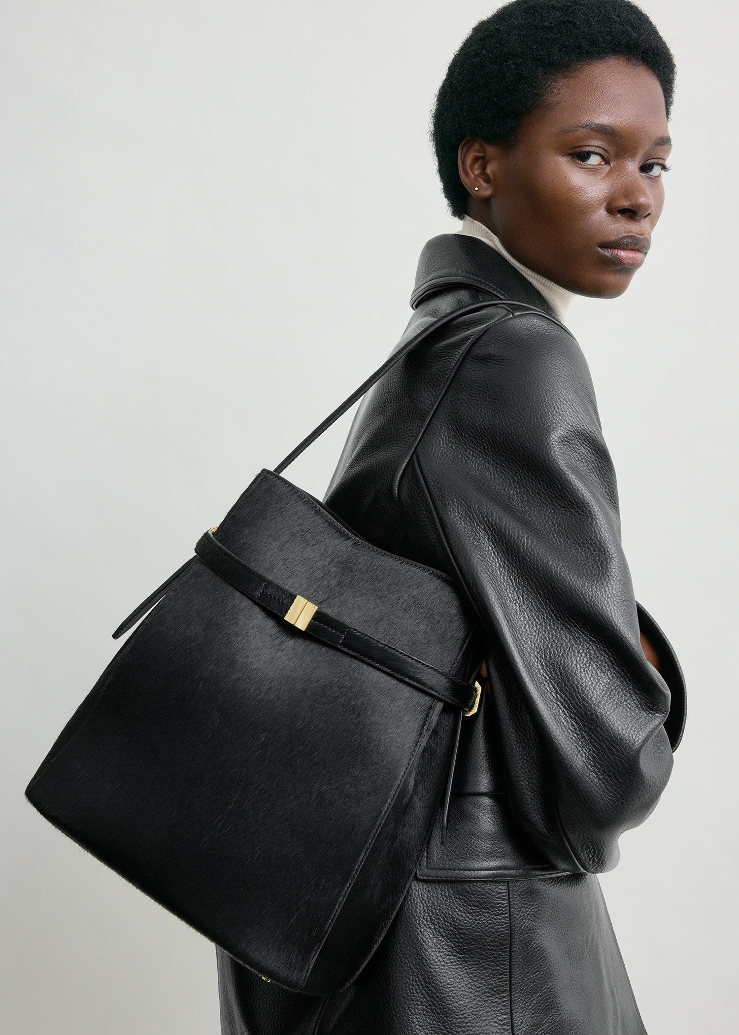 Belted pony hair bucket bag black