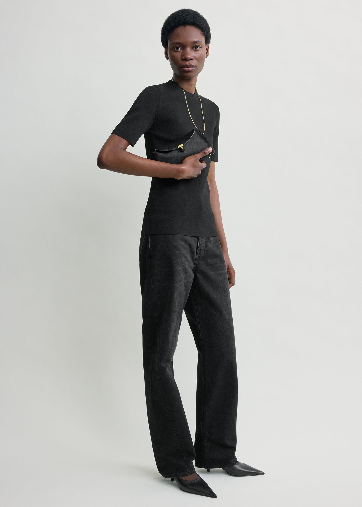 Mini T-lock pony hair clutch black