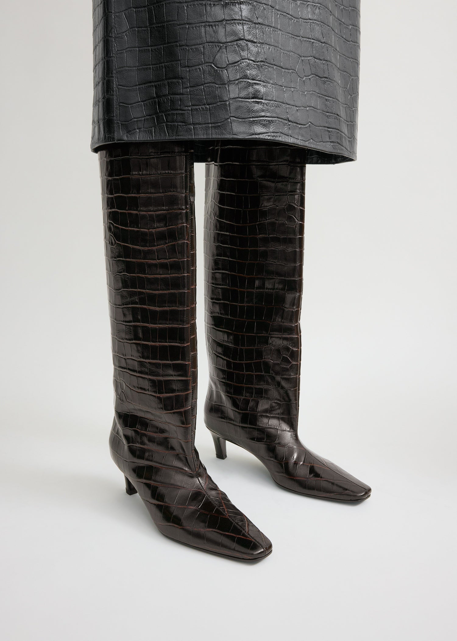 Croco-embossed wide shaft boots dark brown