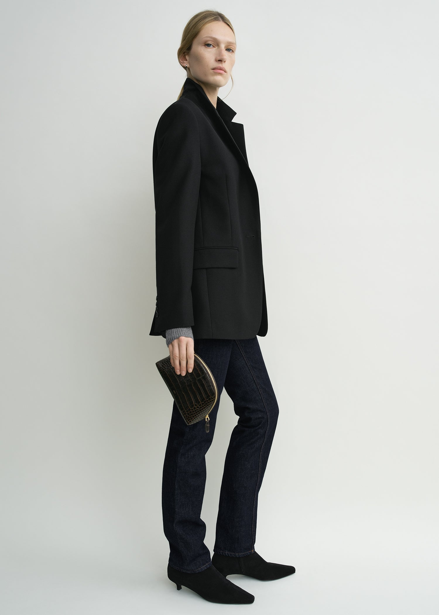 Small croco-embossed day pouch dark brown