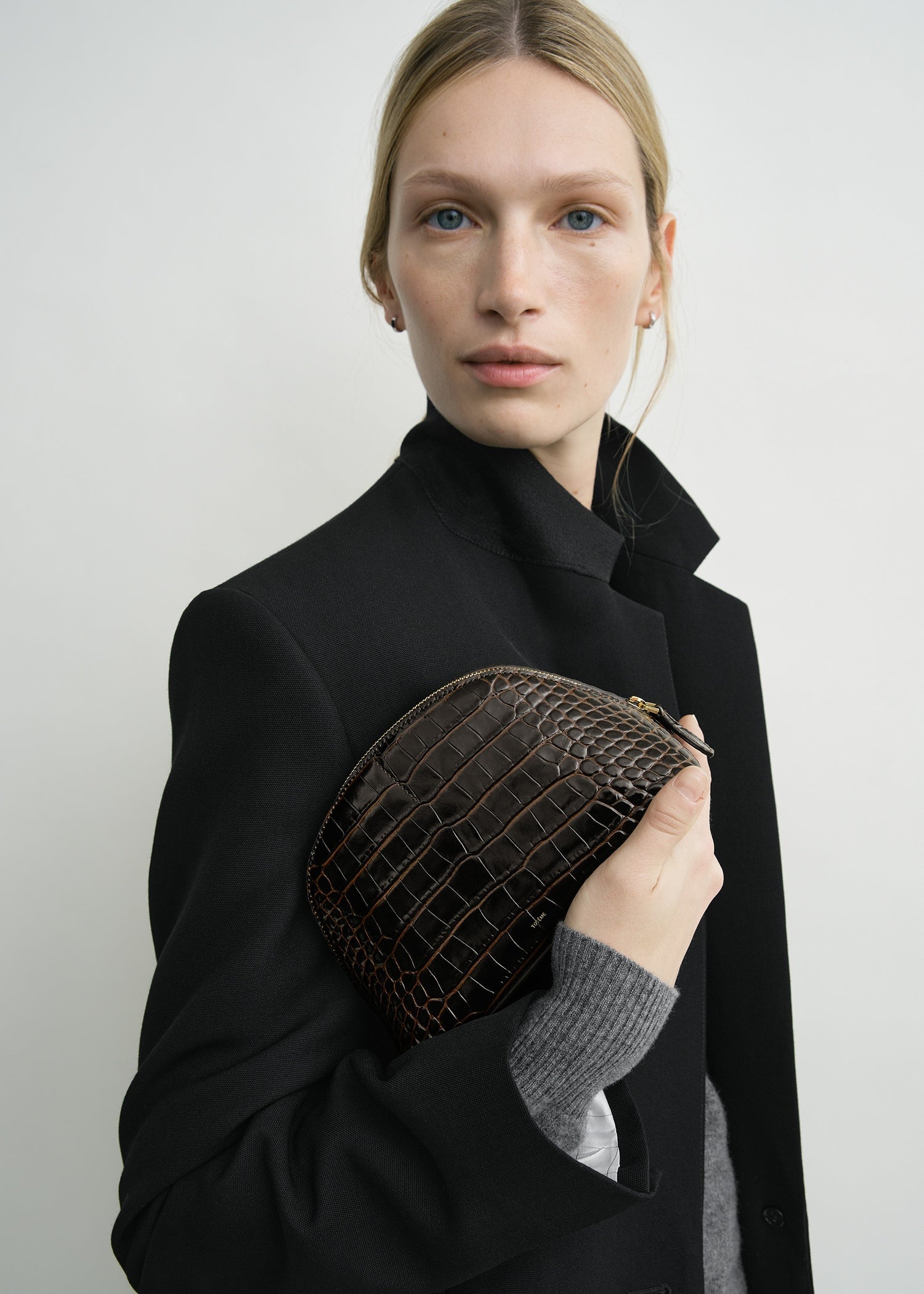 Small croco-embossed day pouch dark brown