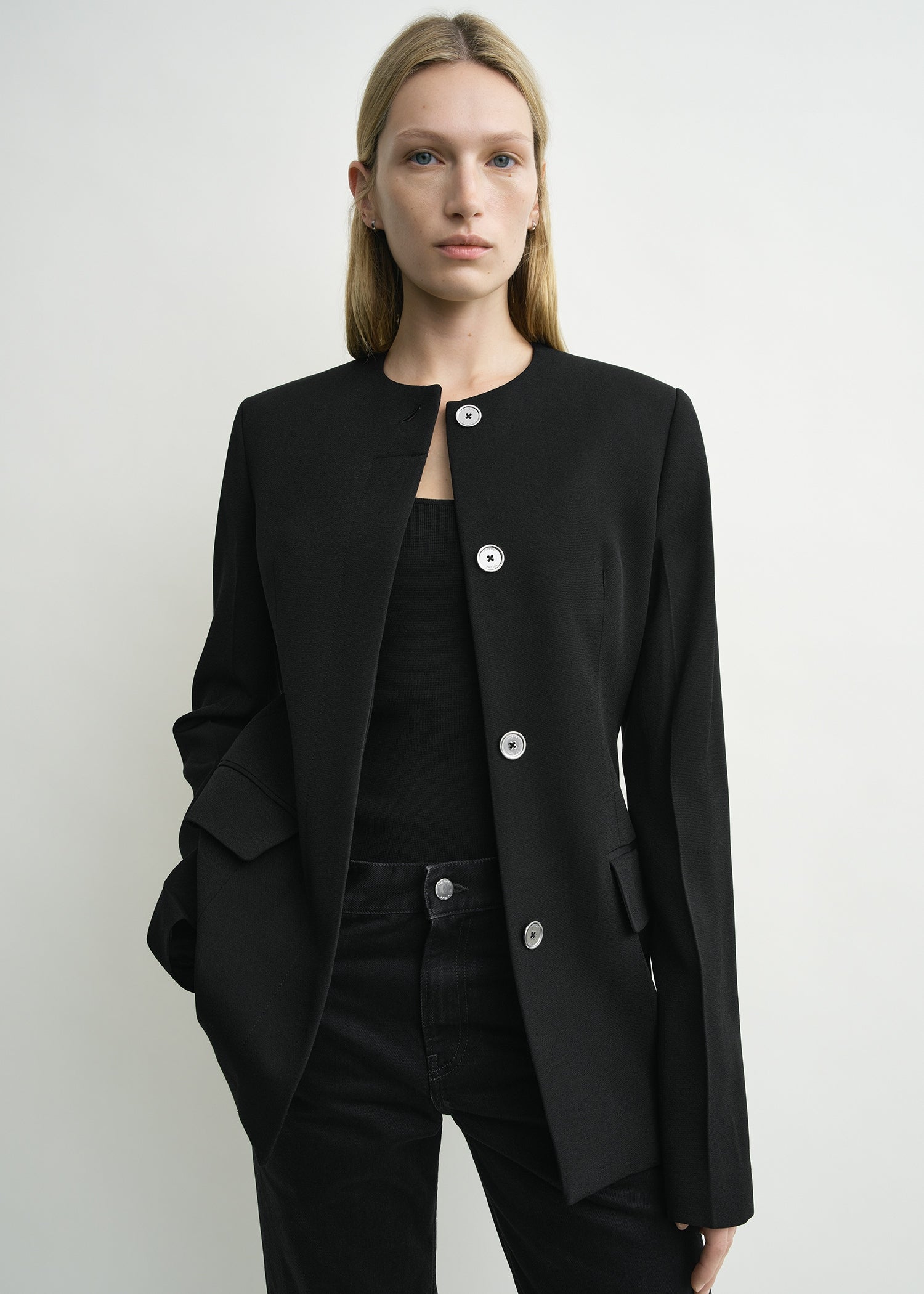 Collarless evening jacket black petite
