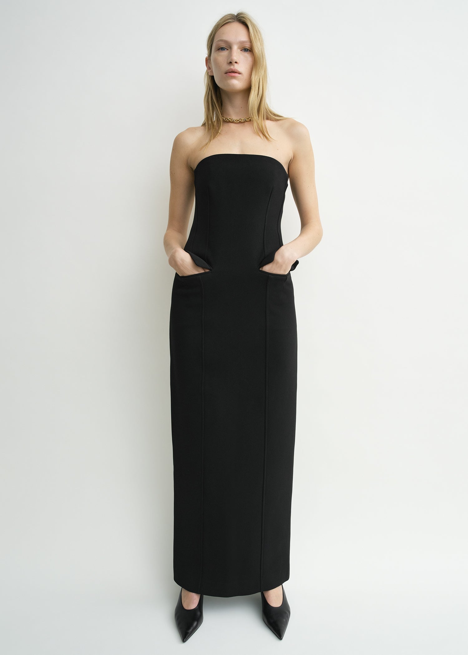 Strapless pocket dress black petite