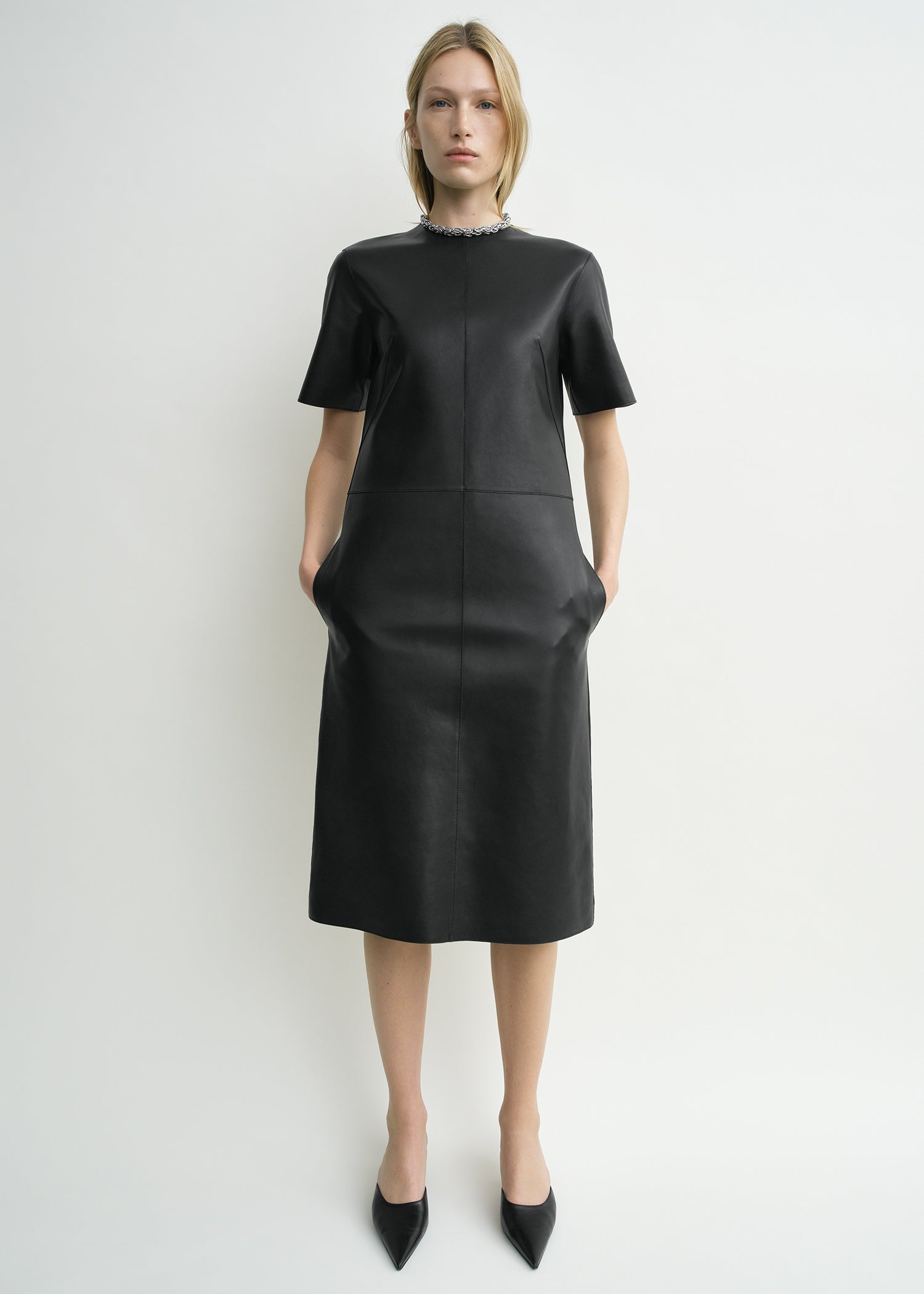 Leather tee dress black petite