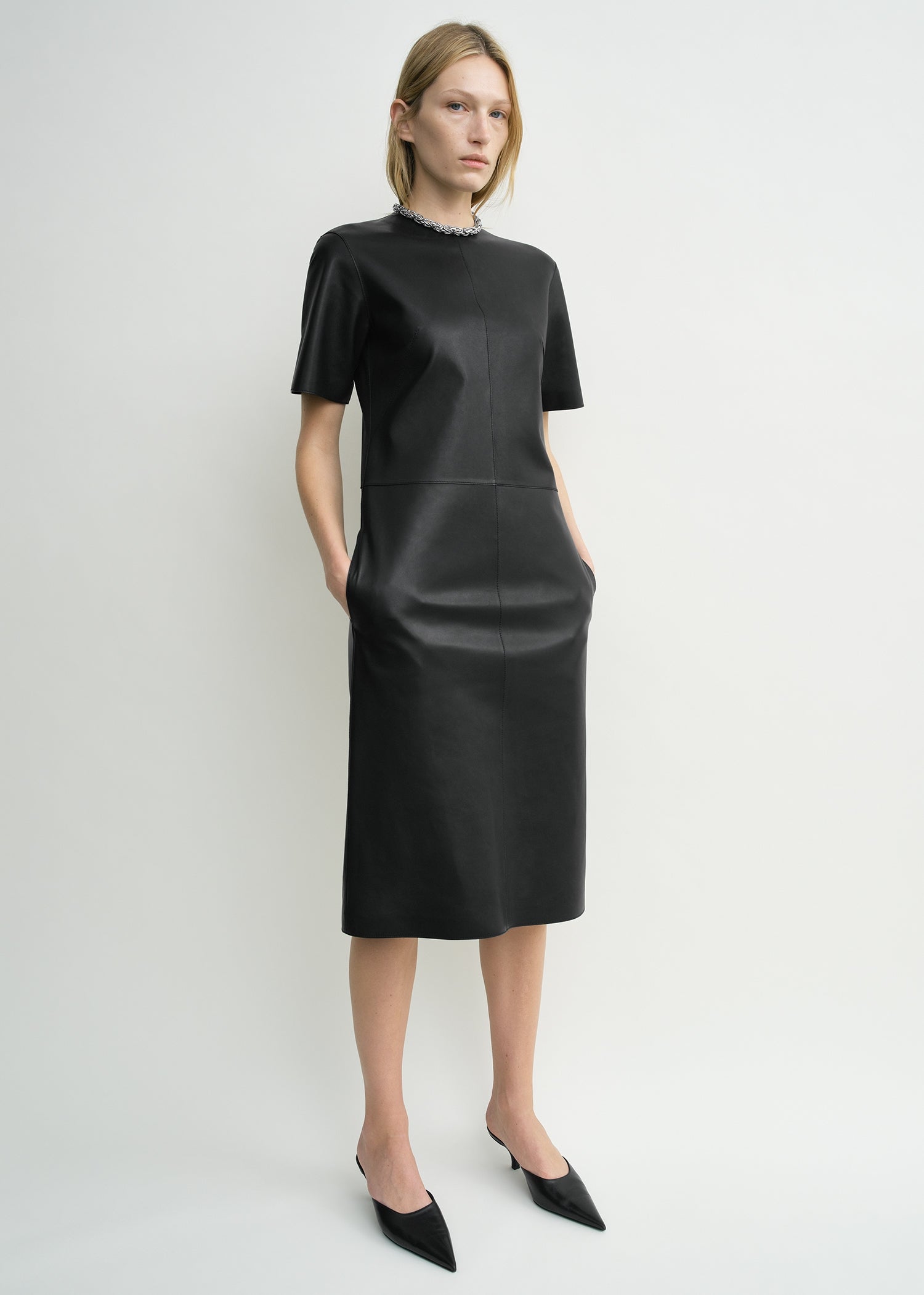 Leather tee dress black petite
