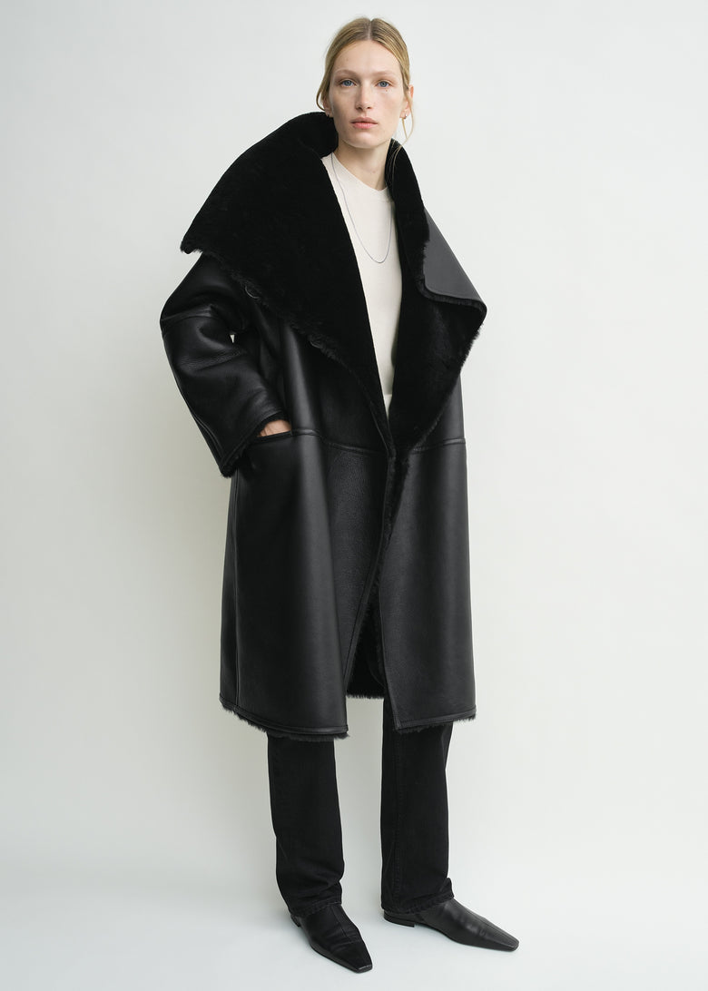 Shearling wrap coat black