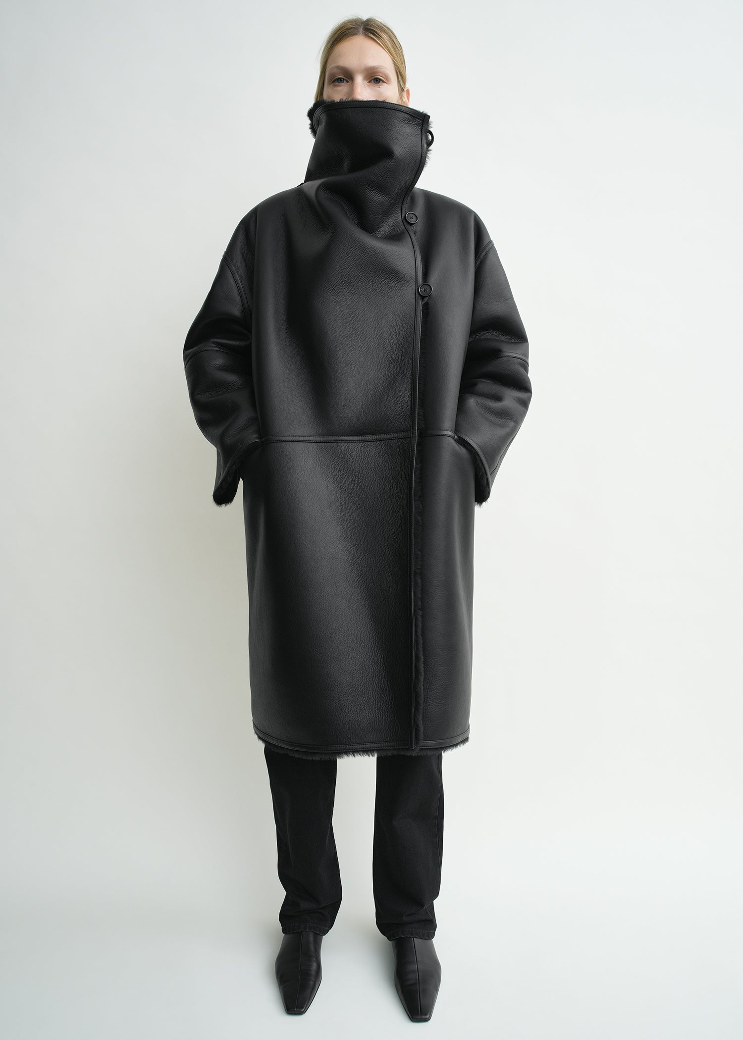 Shearling wrap coat black