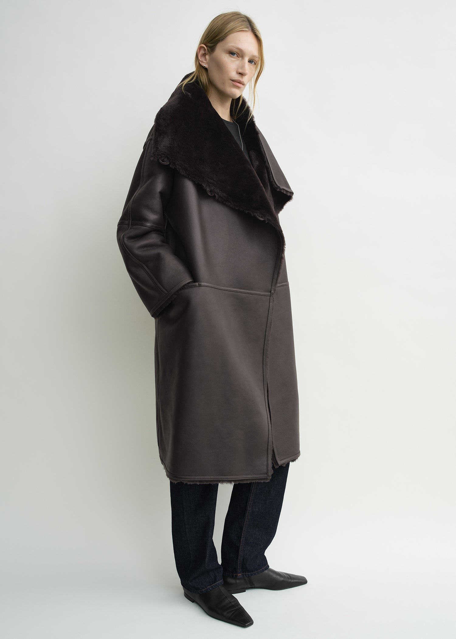 Shearling wrap coat dark brown petite