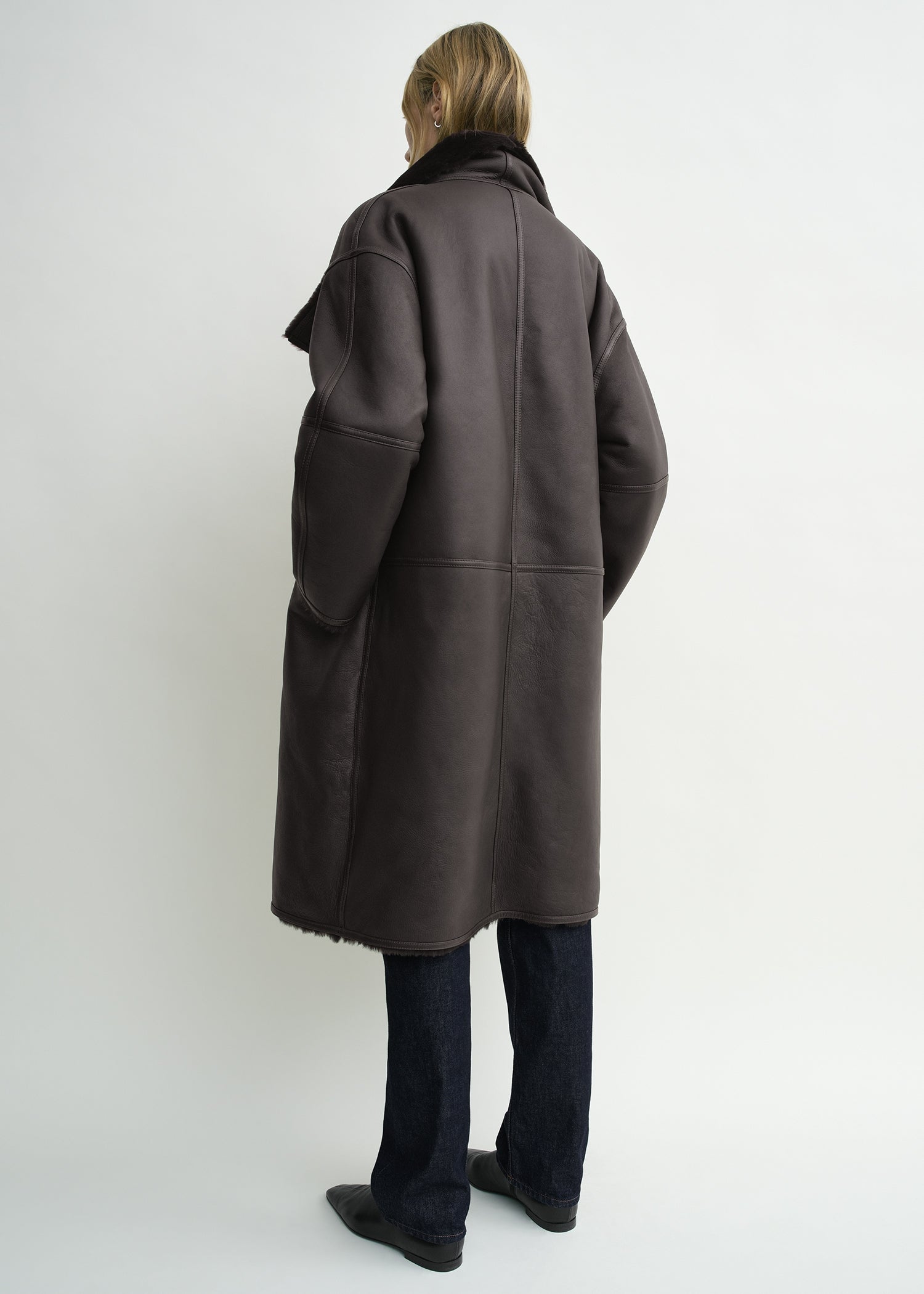 Shearling wrap coat dark brown petite