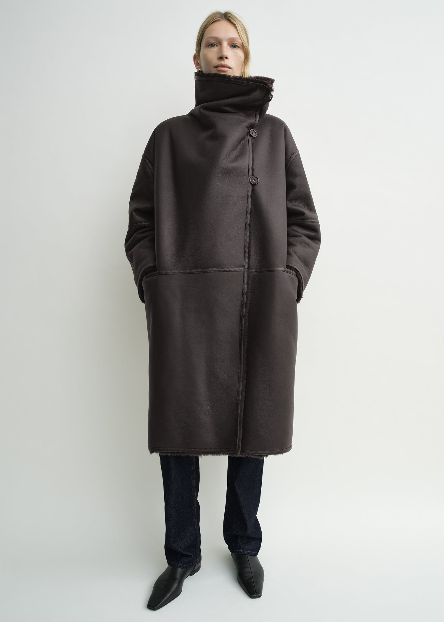 Shearling wrap coat dark brown petite