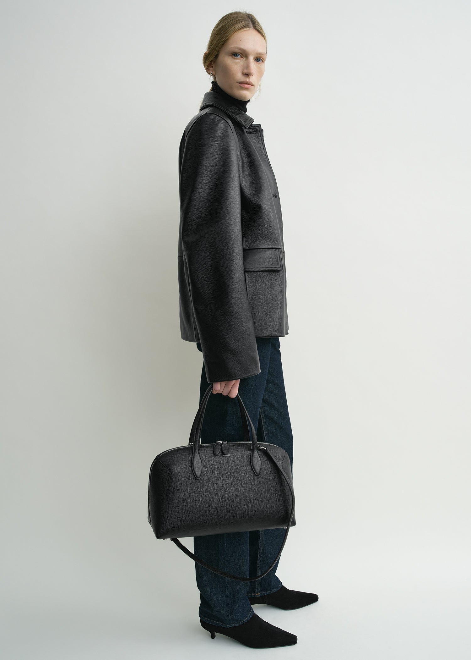 Grained leather jacket black petite