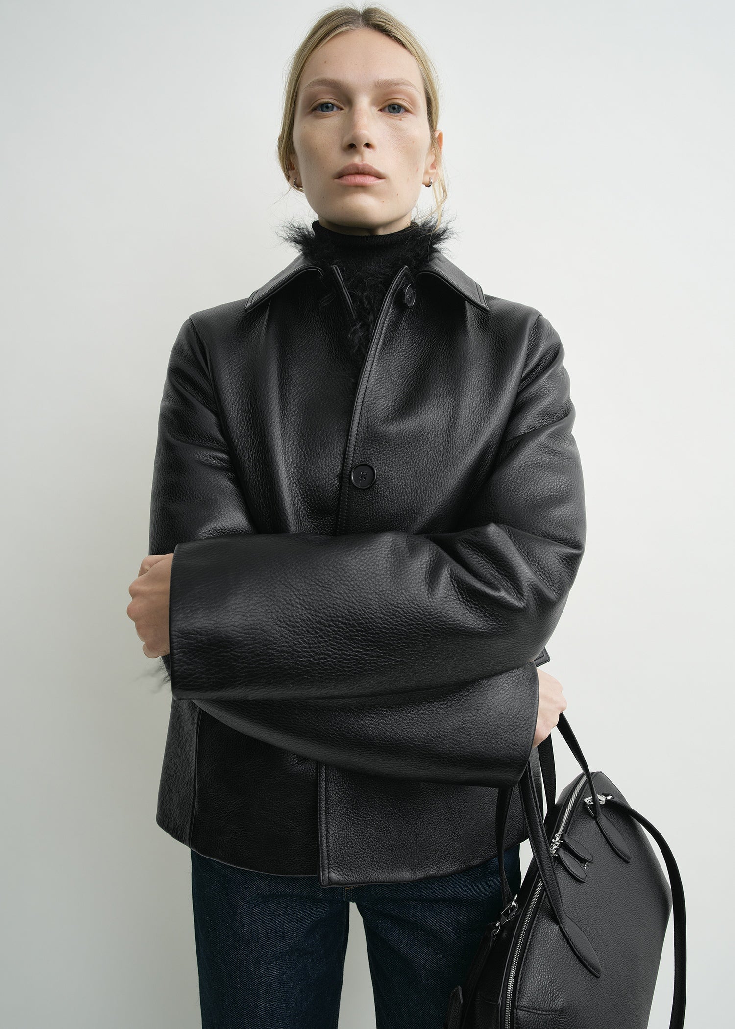 Grained leather jacket black petite